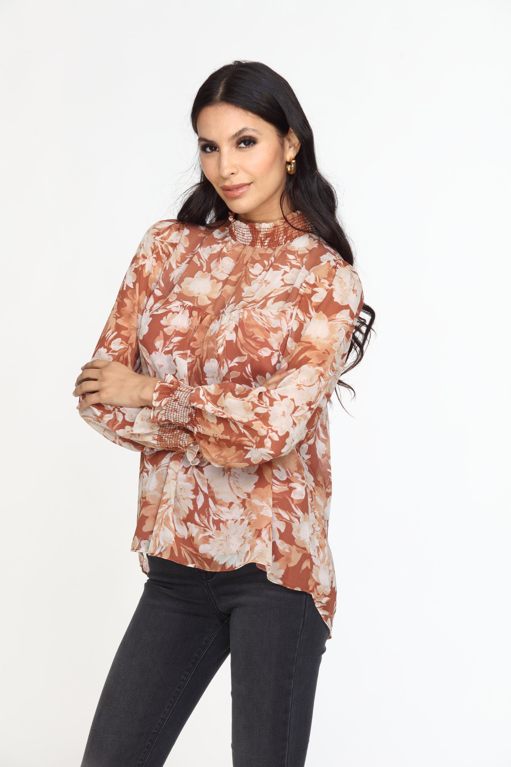 Marlie Smocked Neck Chiffon Blouse-FINAL SALE
