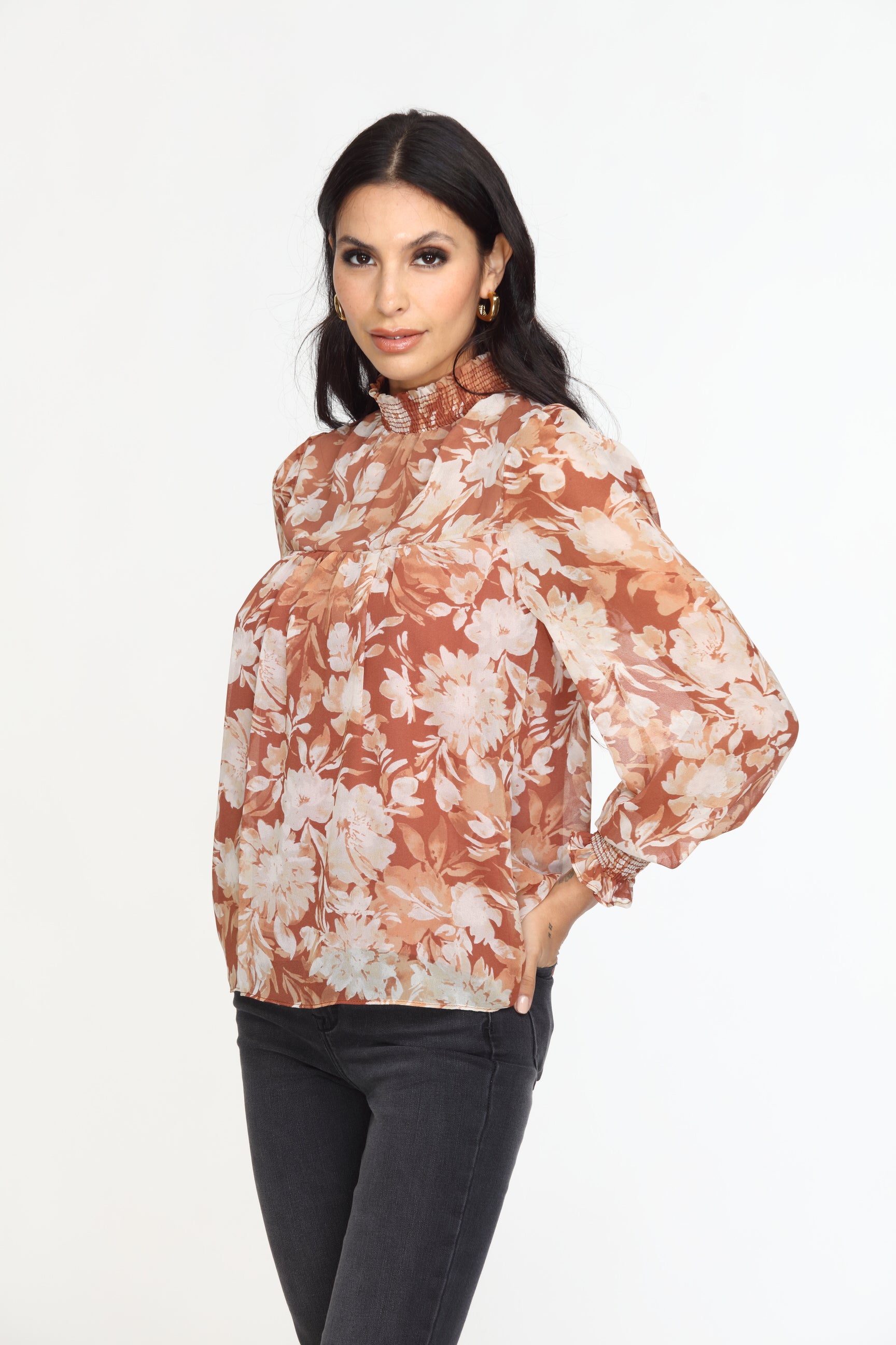 Marlie Smocked Neck Chiffon Blouse-FINAL SALE
