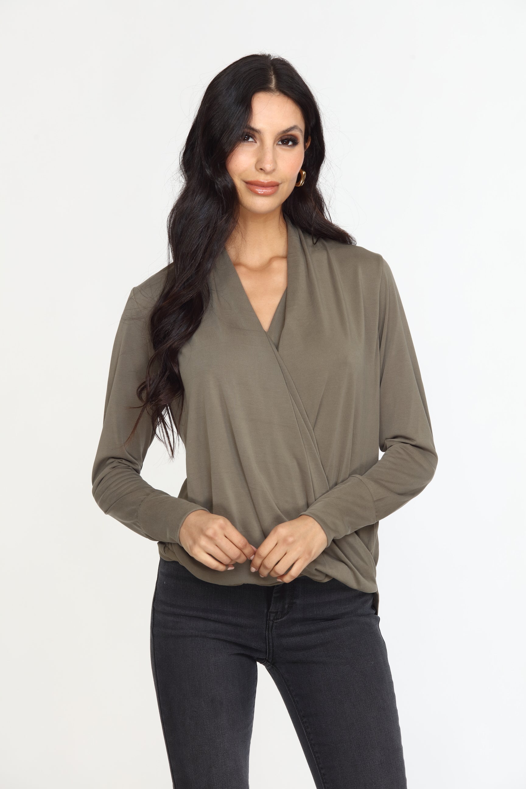 Olive Cupro Draped Surplice Top - BEST SELLER