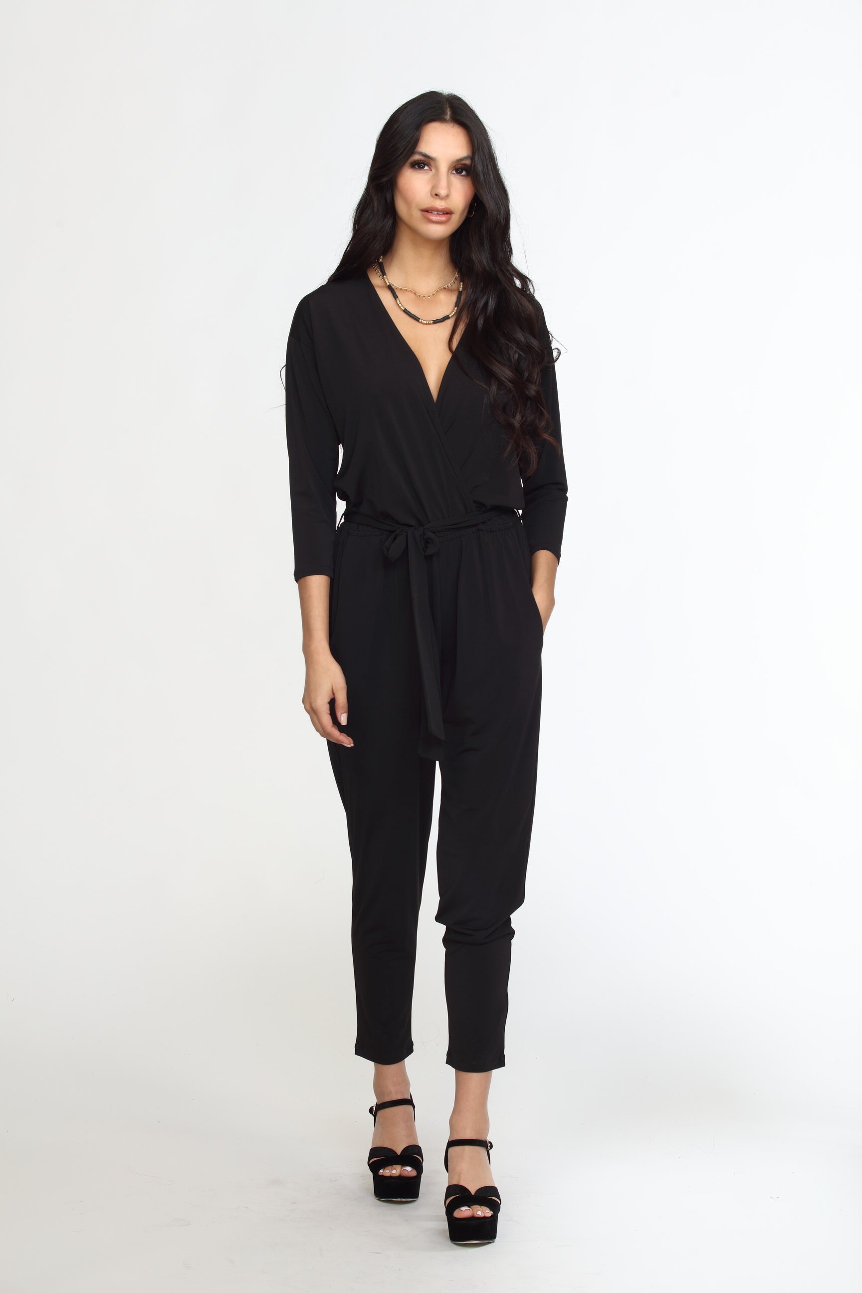 Black Stretch 3/4 Sleeve Jumpsuit