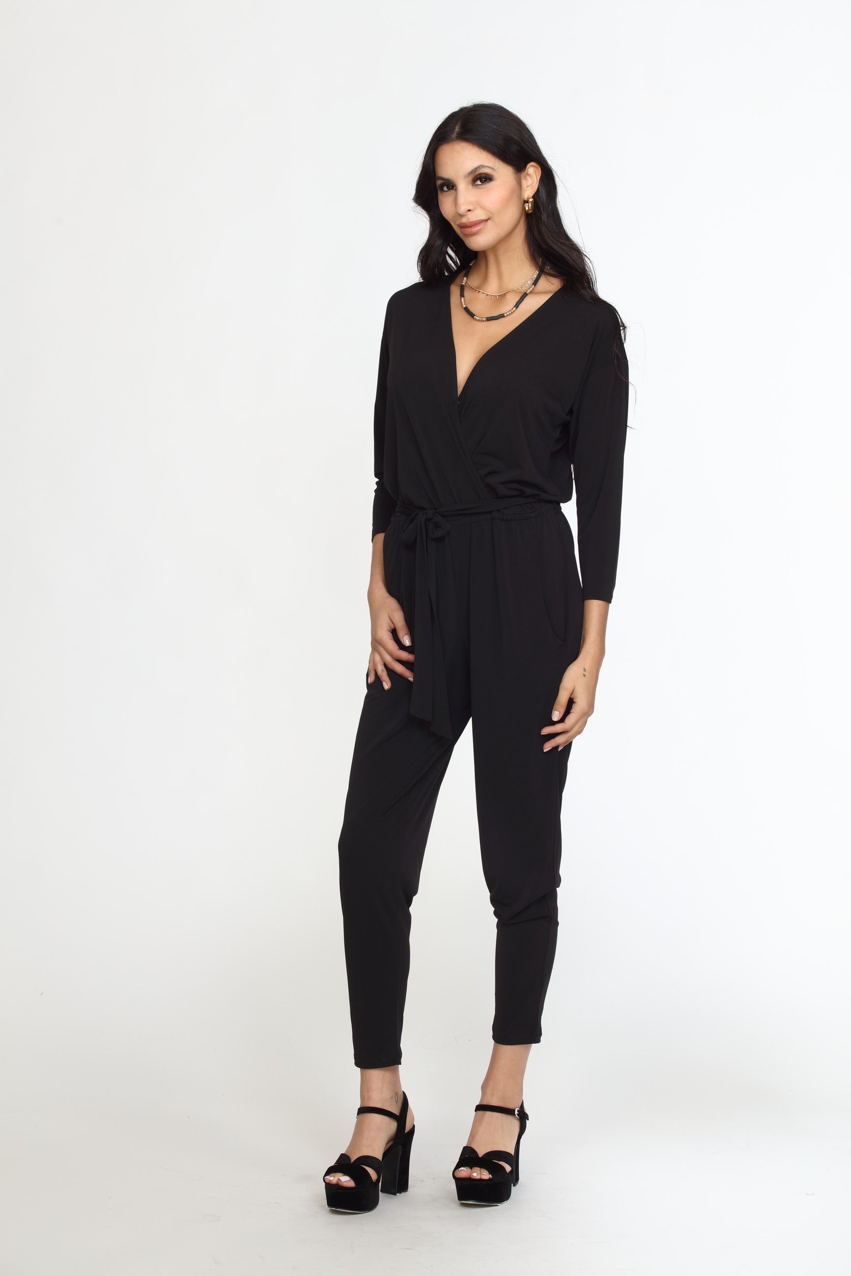 Black Stretch 3/4 Sleeve Jumpsuit