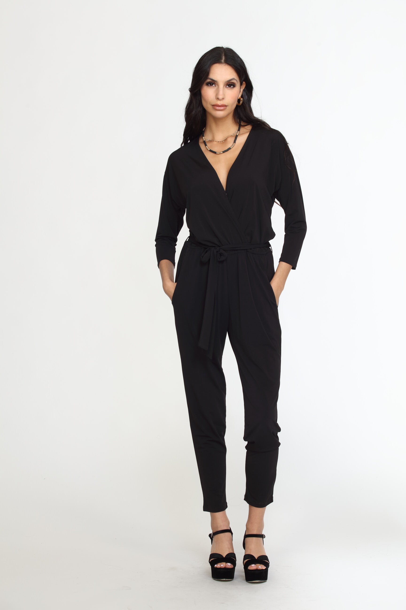 Black Stretch 3/4 Sleeve Jumpsuit
