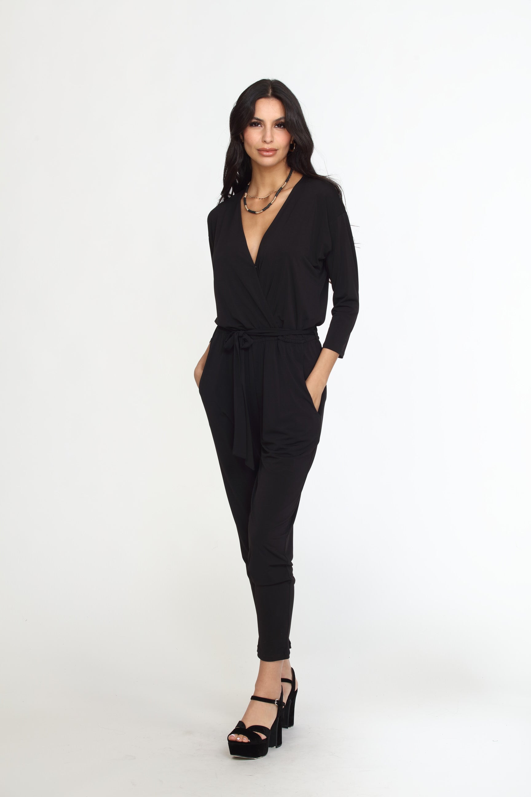 Black Stretch 3/4 Sleeve Jumpsuit
