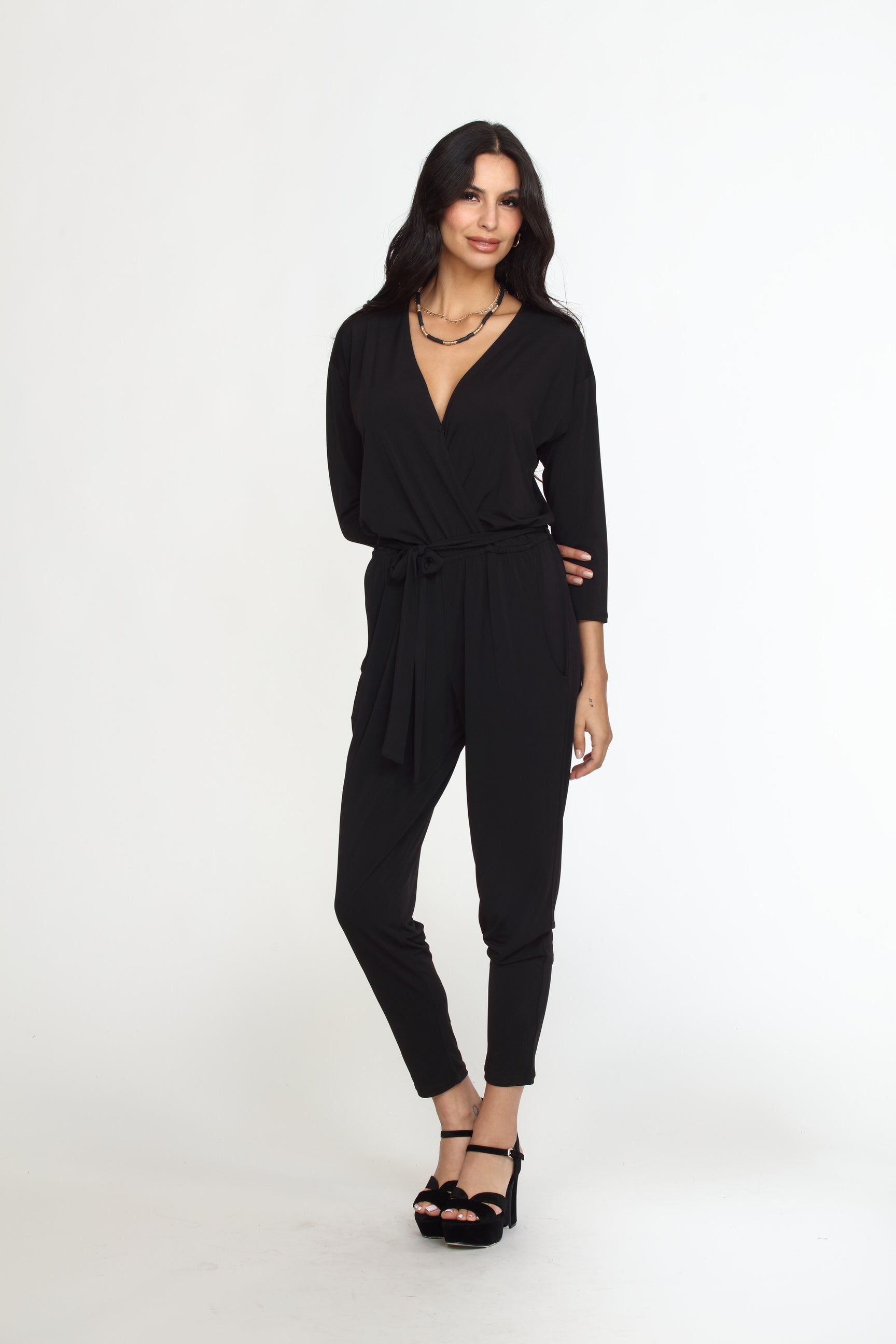 Black Stretch 3/4 Sleeve Jumpsuit