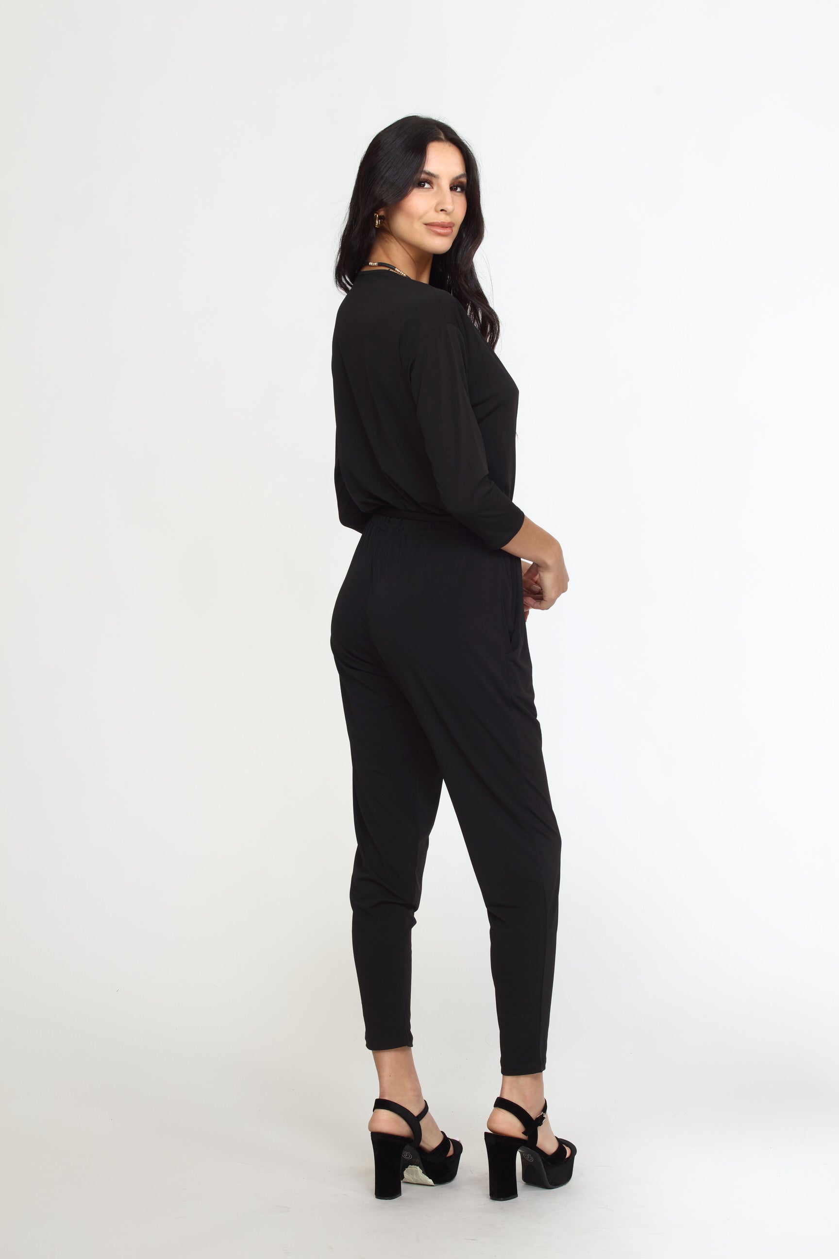 Black Stretch 3/4 Sleeve Jumpsuit