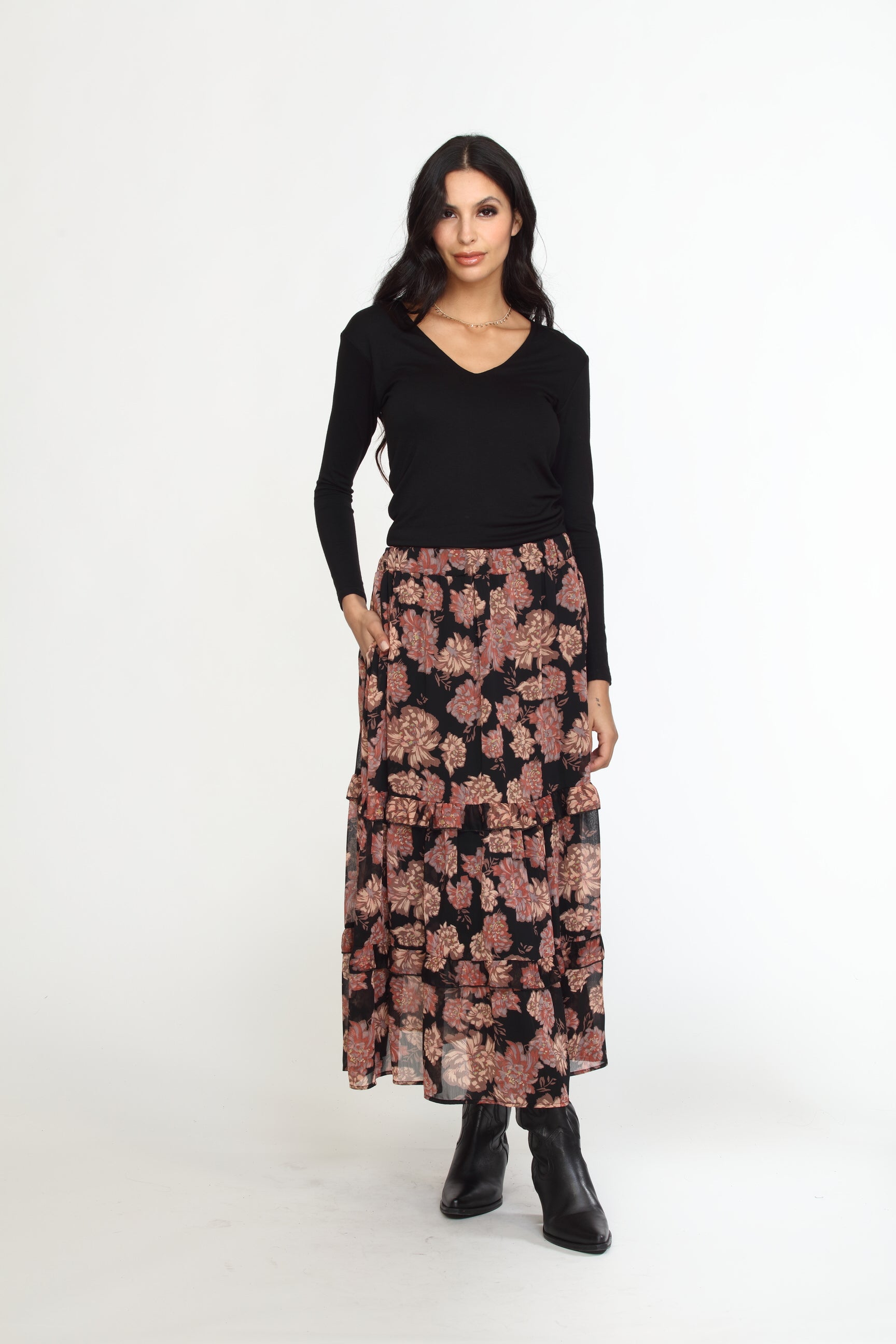 Yelena Chiffon Ruffle Midi Skirt-FINAL SALE