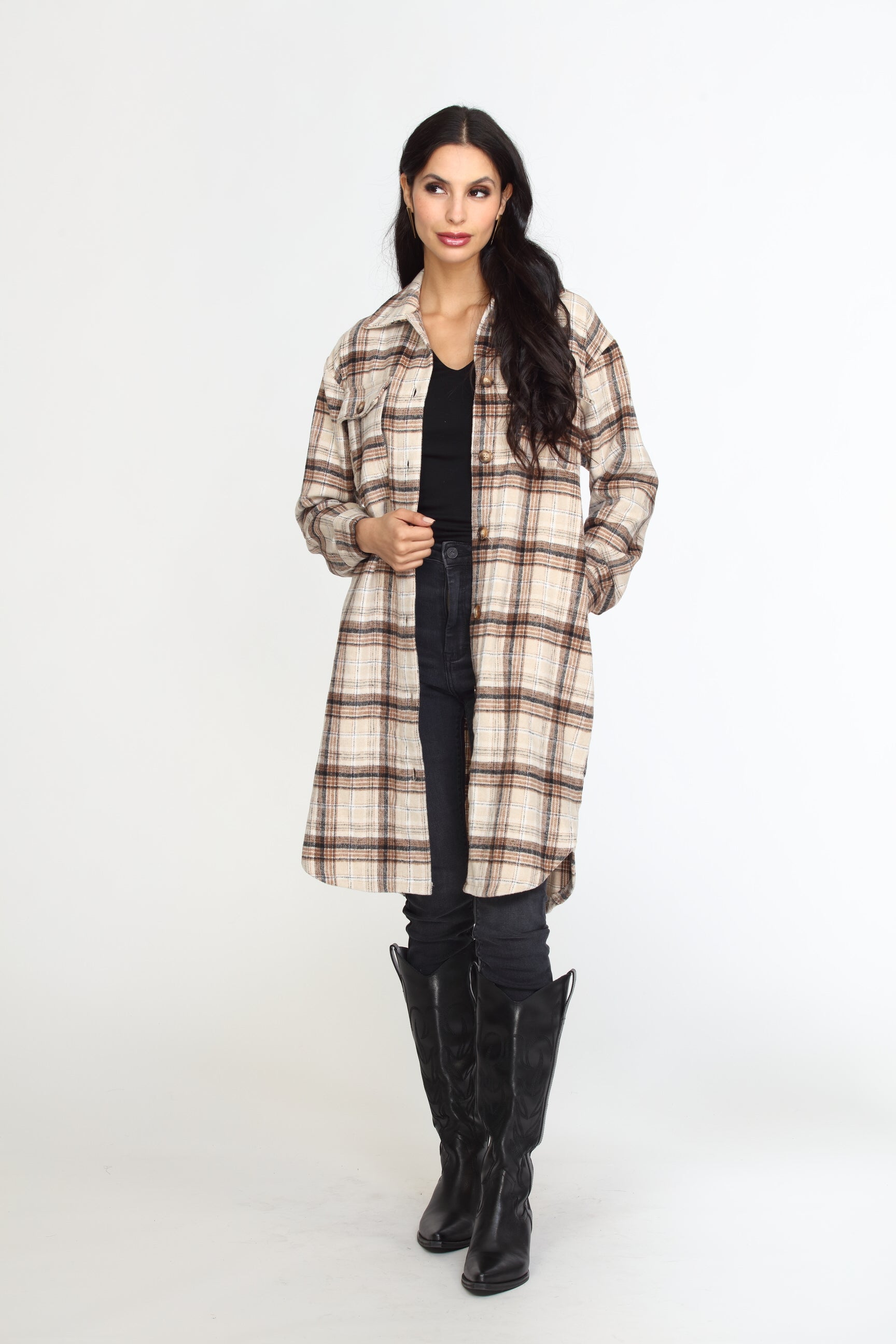 Plaid Button Mid-Length Shaket-FINAL SALE