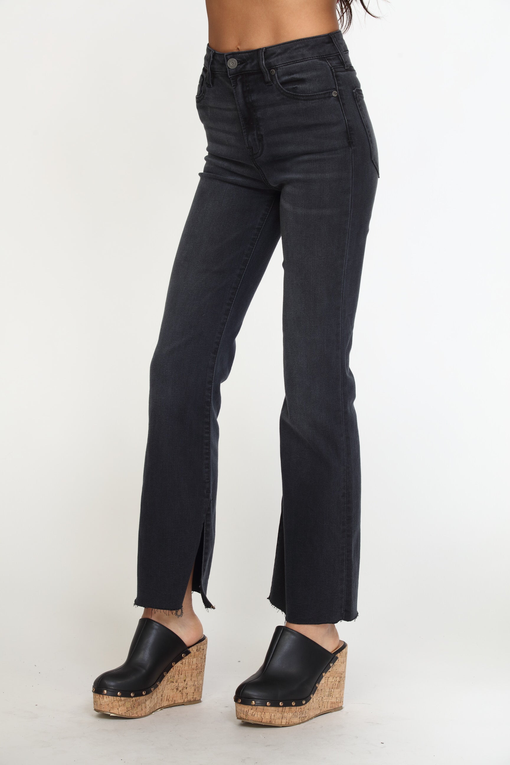 Ryan High Rise Bootcut Stretch Jeans with Slit - Charcoal/ FINAL SALE