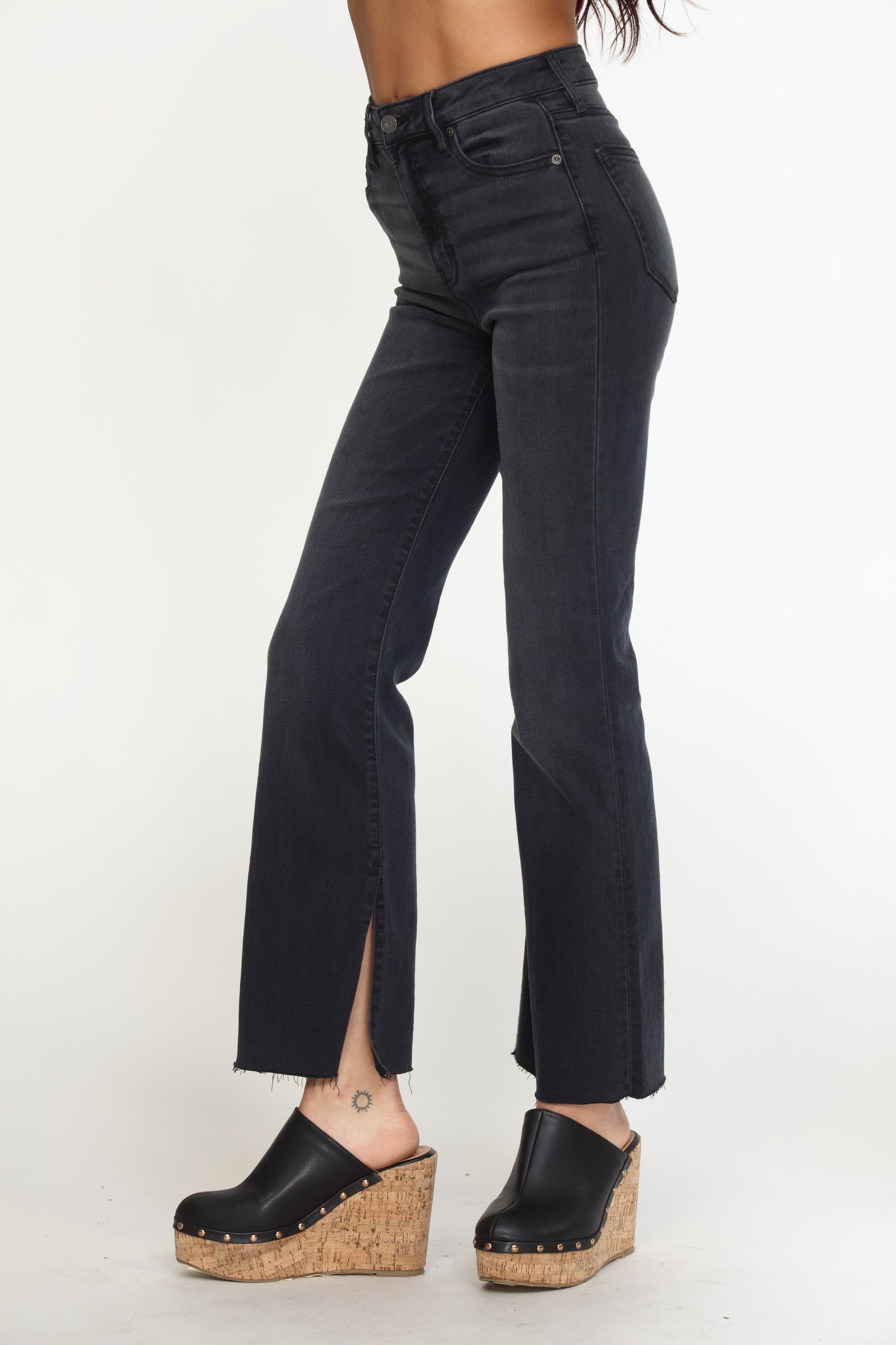 Ryan High Rise Bootcut Stretch Jeans with Slit - Charcoal/ FINAL SALE