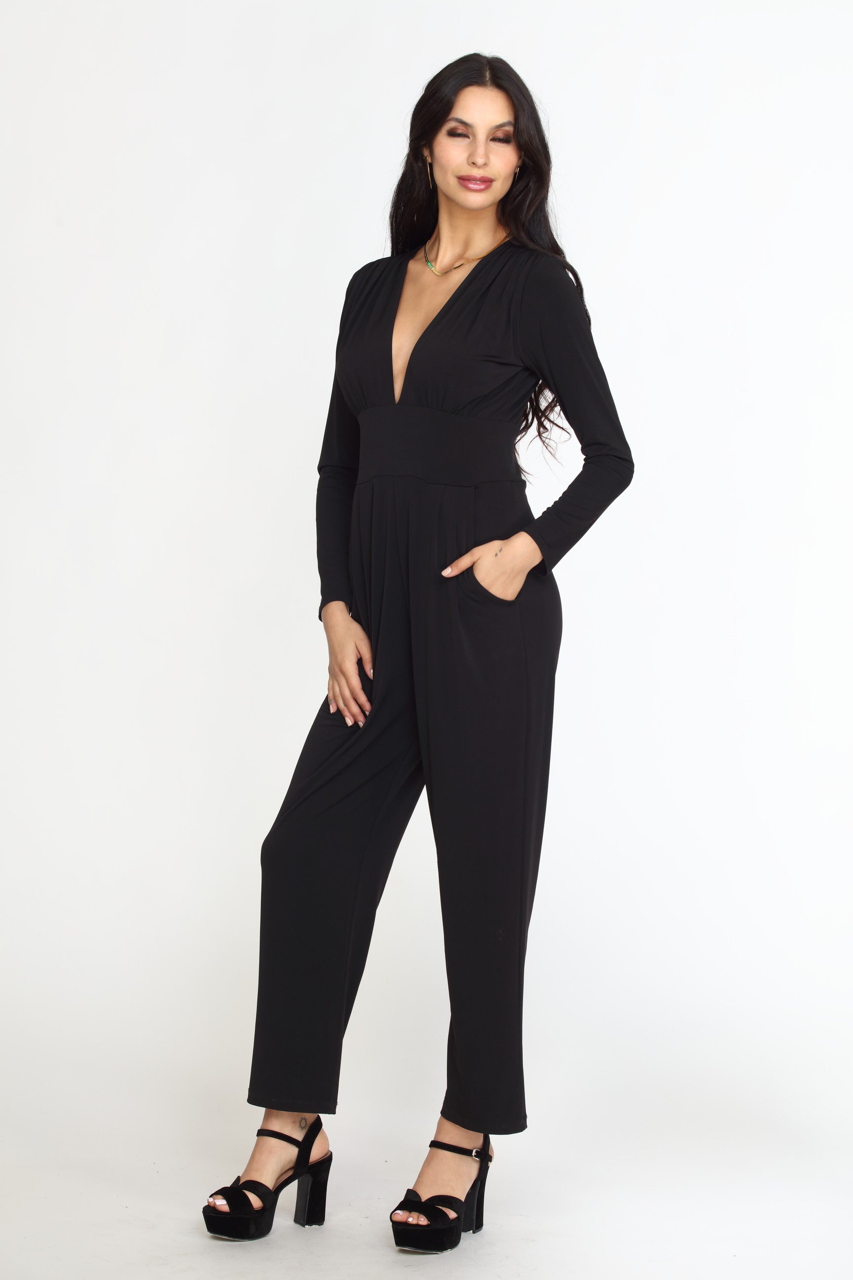 Black Deep V-Neck Jumpsuit -FINAL SALE