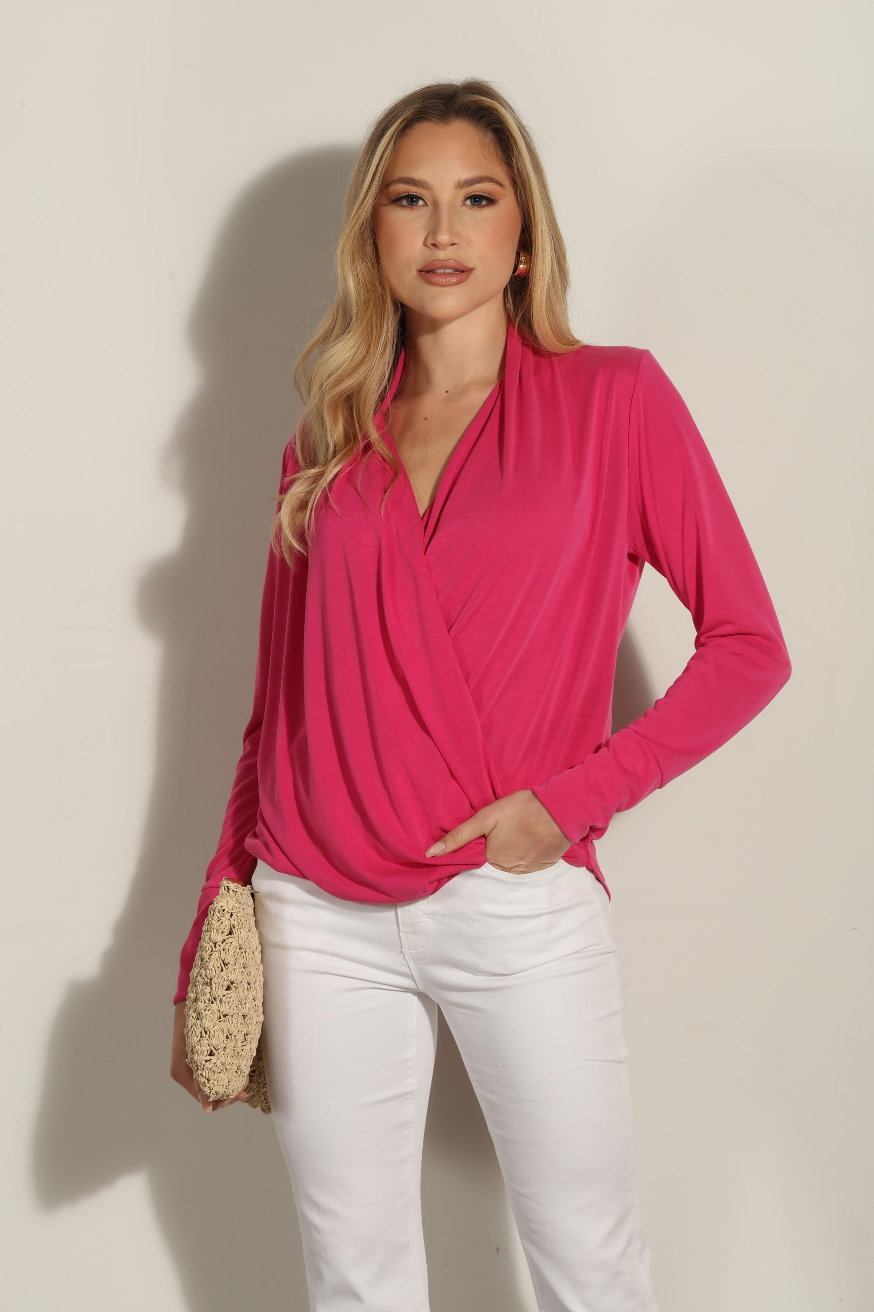 Magenta Cupro Draped Surplice Top - BEST SELLER