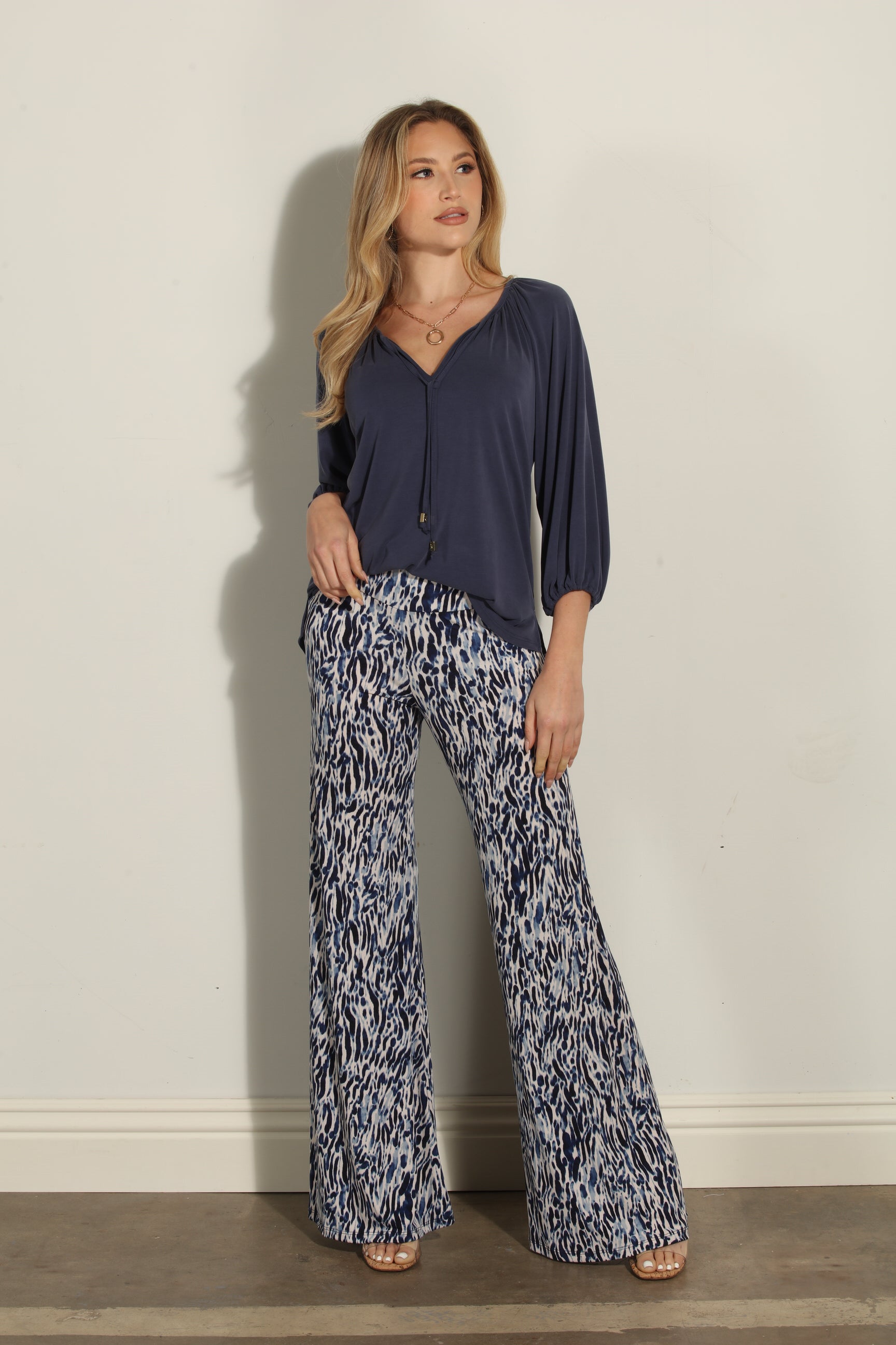 Navy Cupro Stretch Split Neck Top