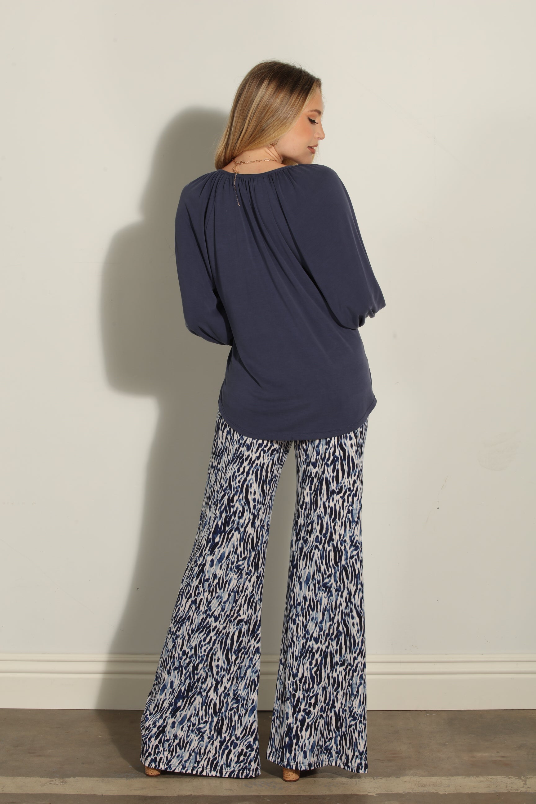 Navy Cupro Stretch Split Neck Top