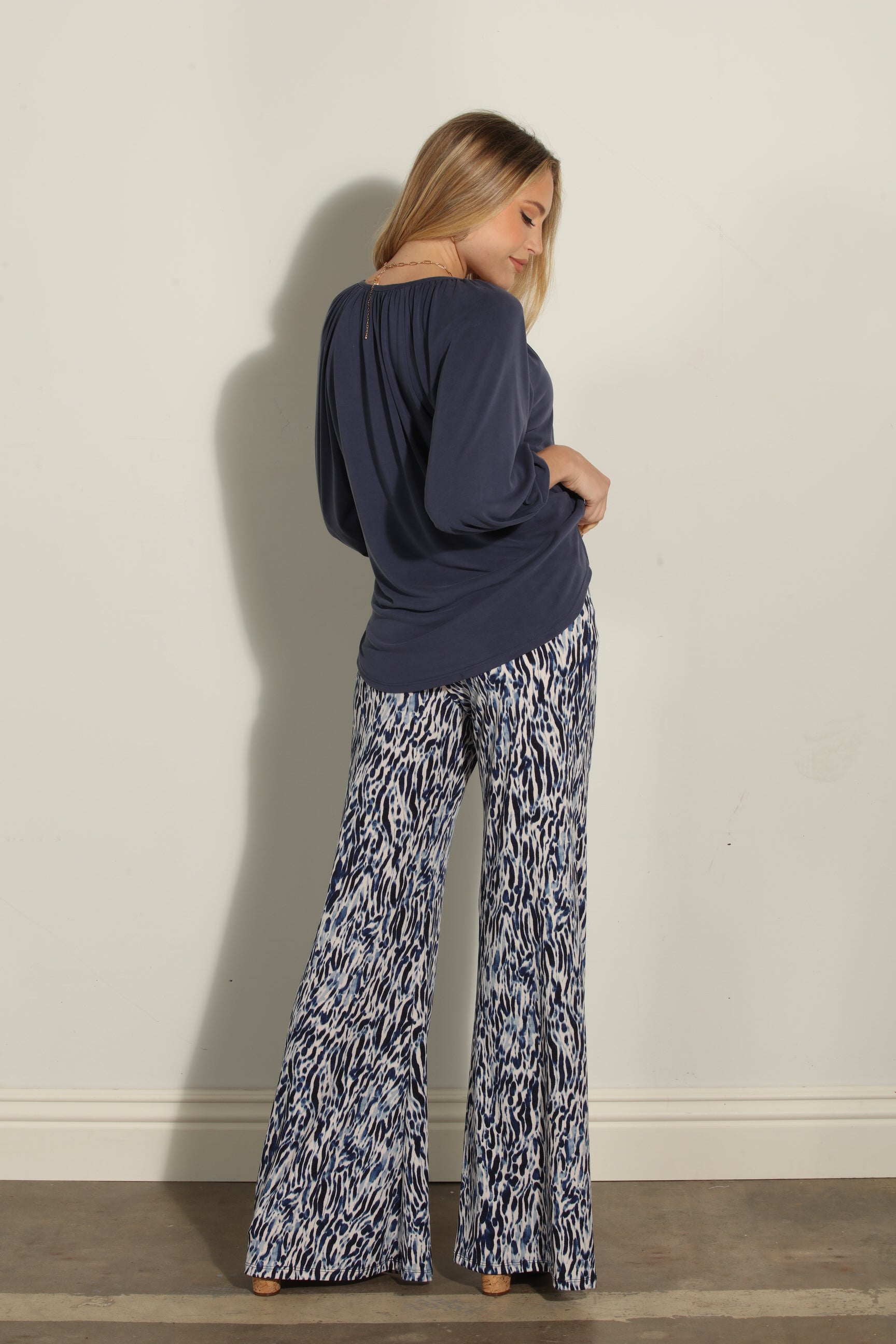 Navy Cupro Stretch Split Neck Top