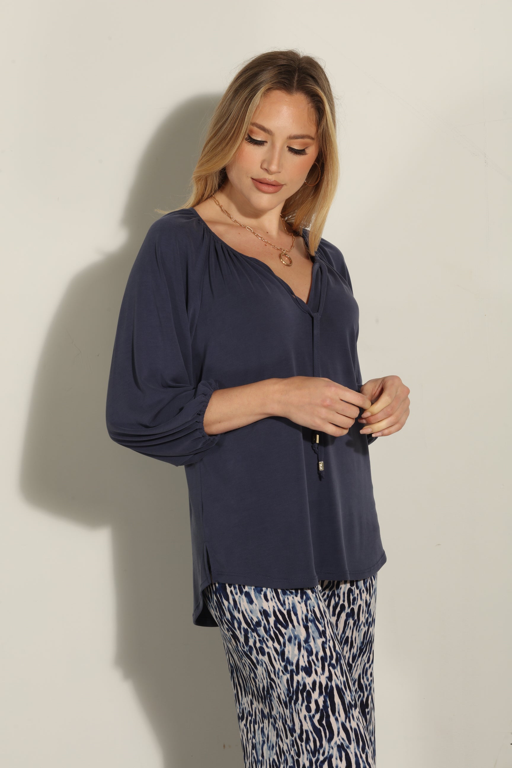 Navy Cupro Stretch Split Neck Top
