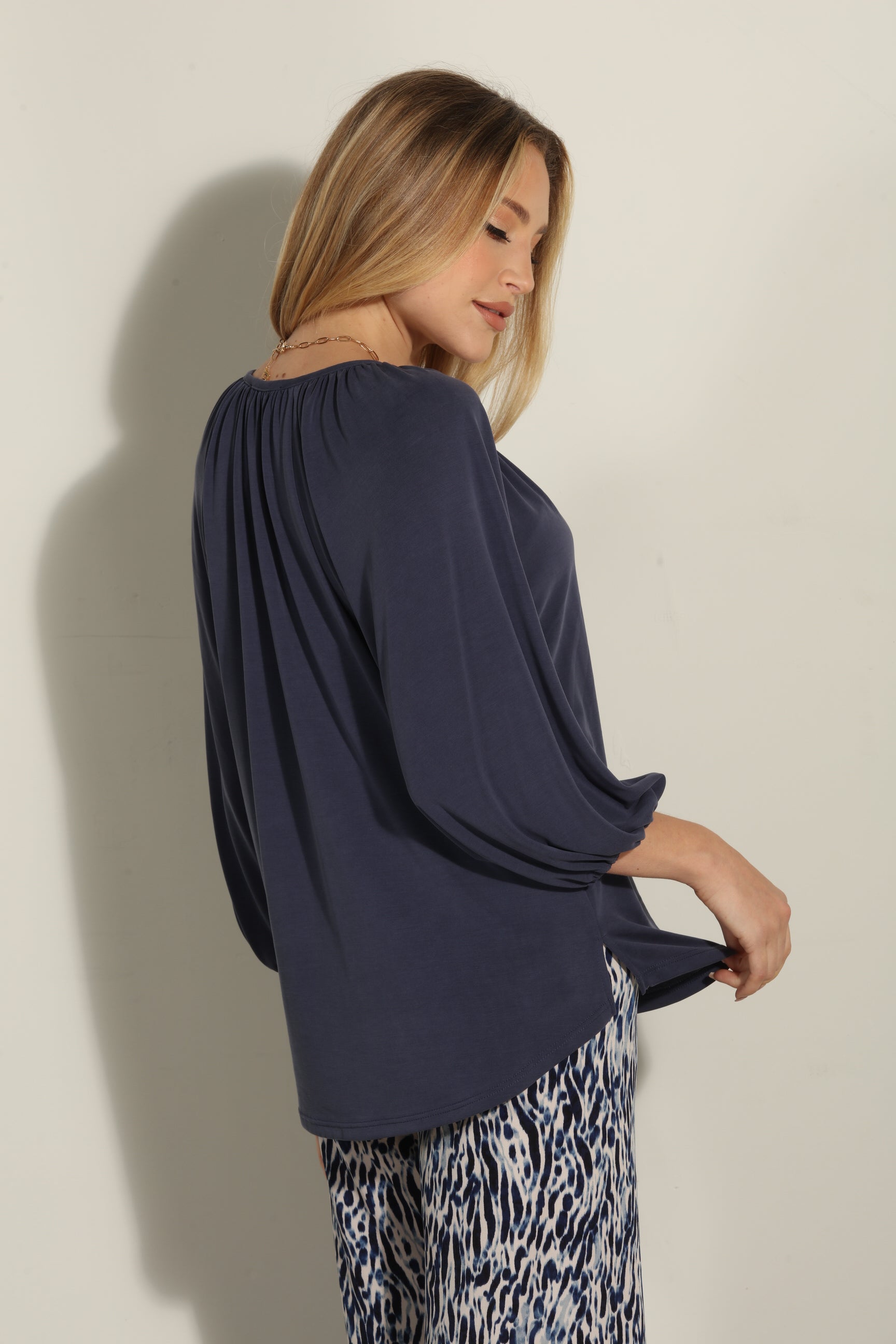 Navy Cupro Stretch Split Neck Top
