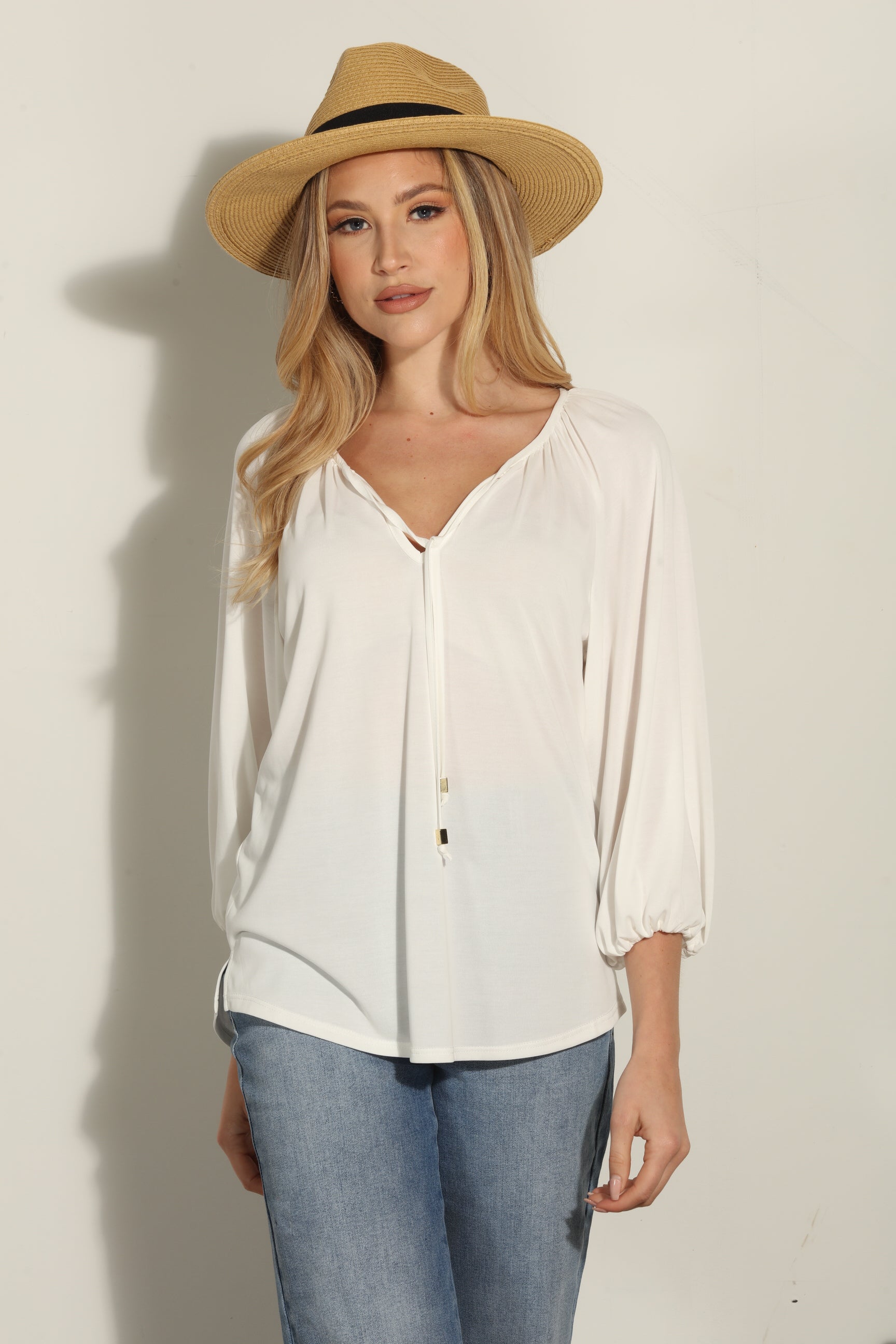 Ivory Cupro Stretch Split Neck Top-FINAL SALE
