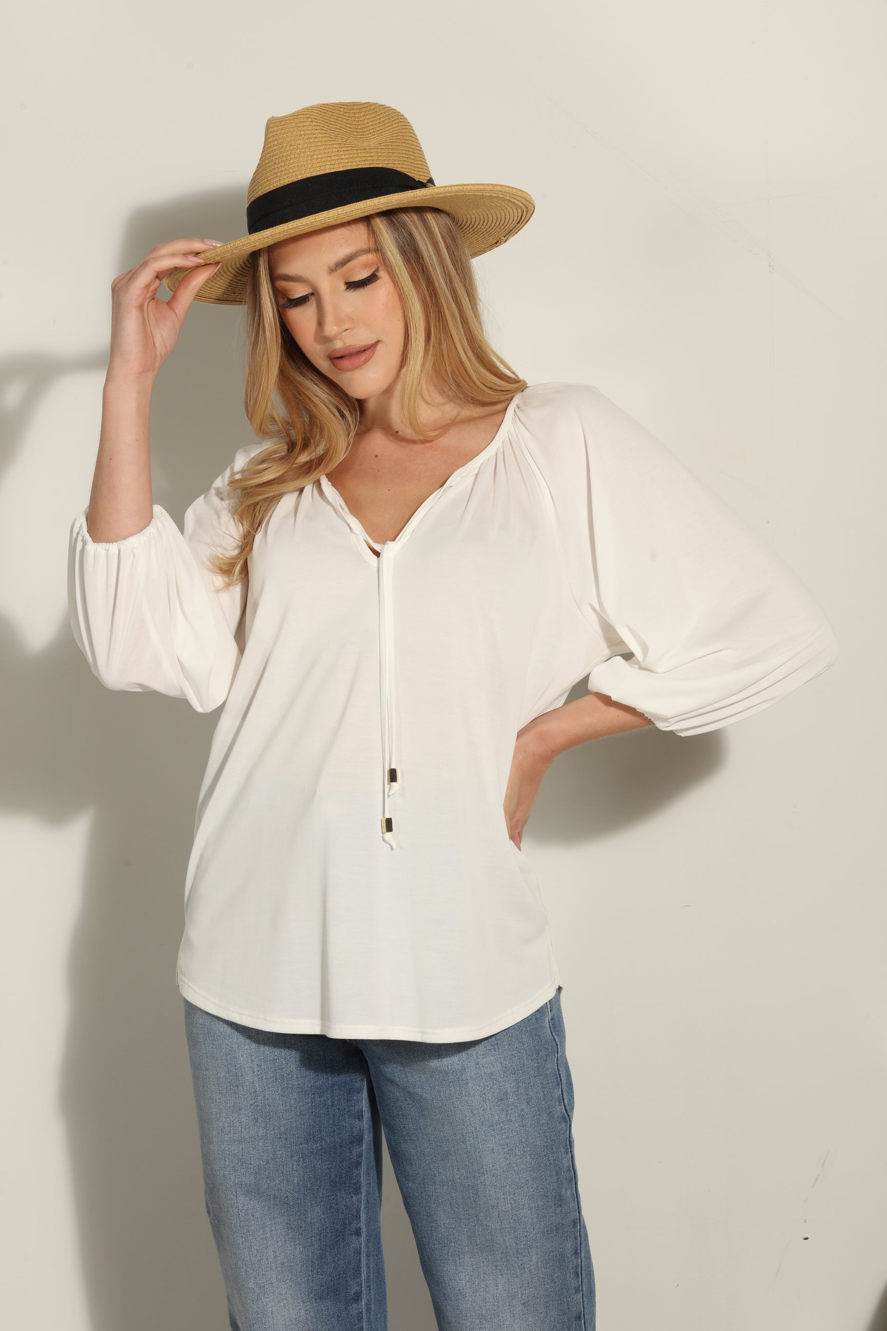 Ivory Cupro Stretch Split Neck Top-FINAL SALE