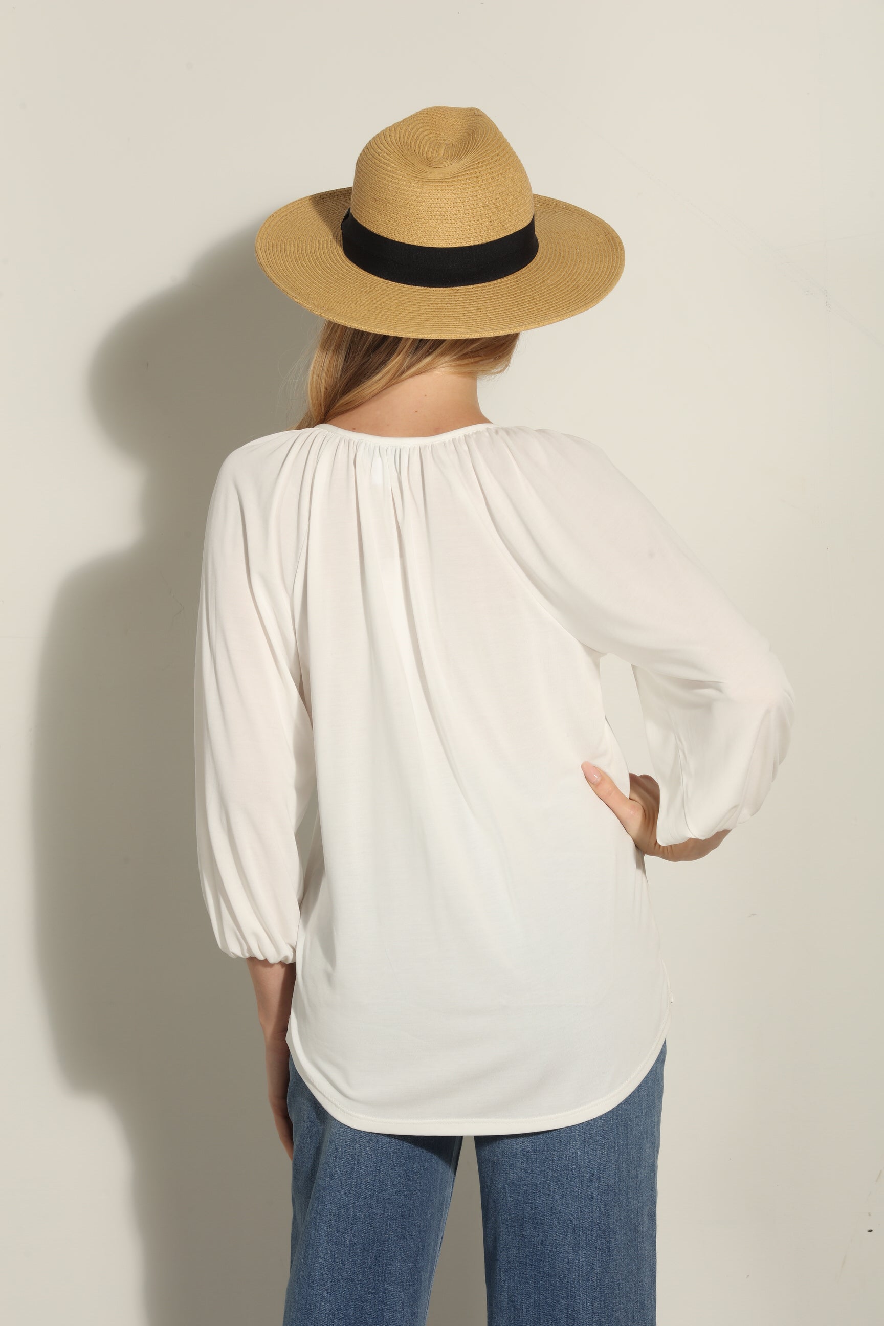 Ivory Cupro Stretch Split Neck Top-FINAL SALE