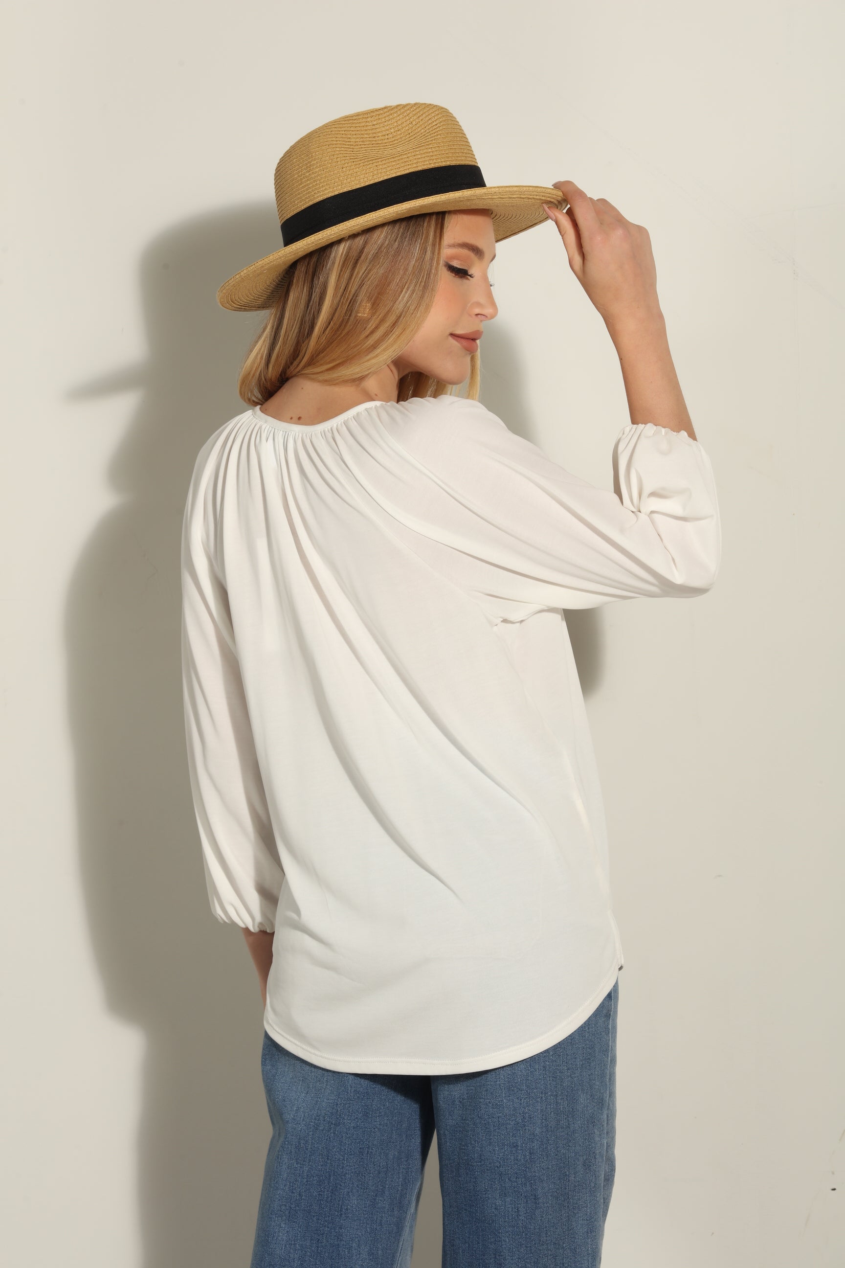 Ivory Cupro Stretch Split Neck Top-FINAL SALE