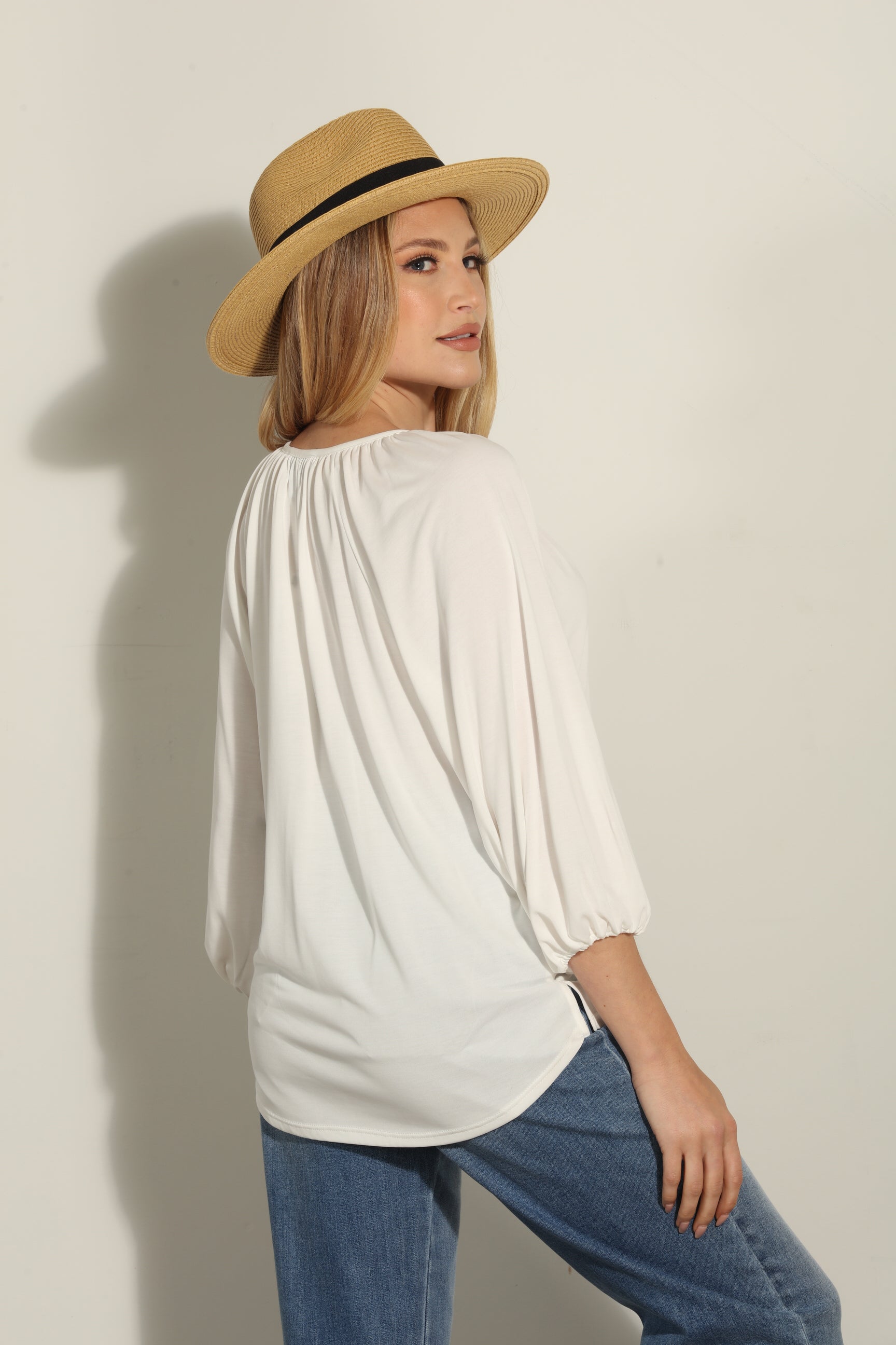Ivory Cupro Stretch Split Neck Top-FINAL SALE