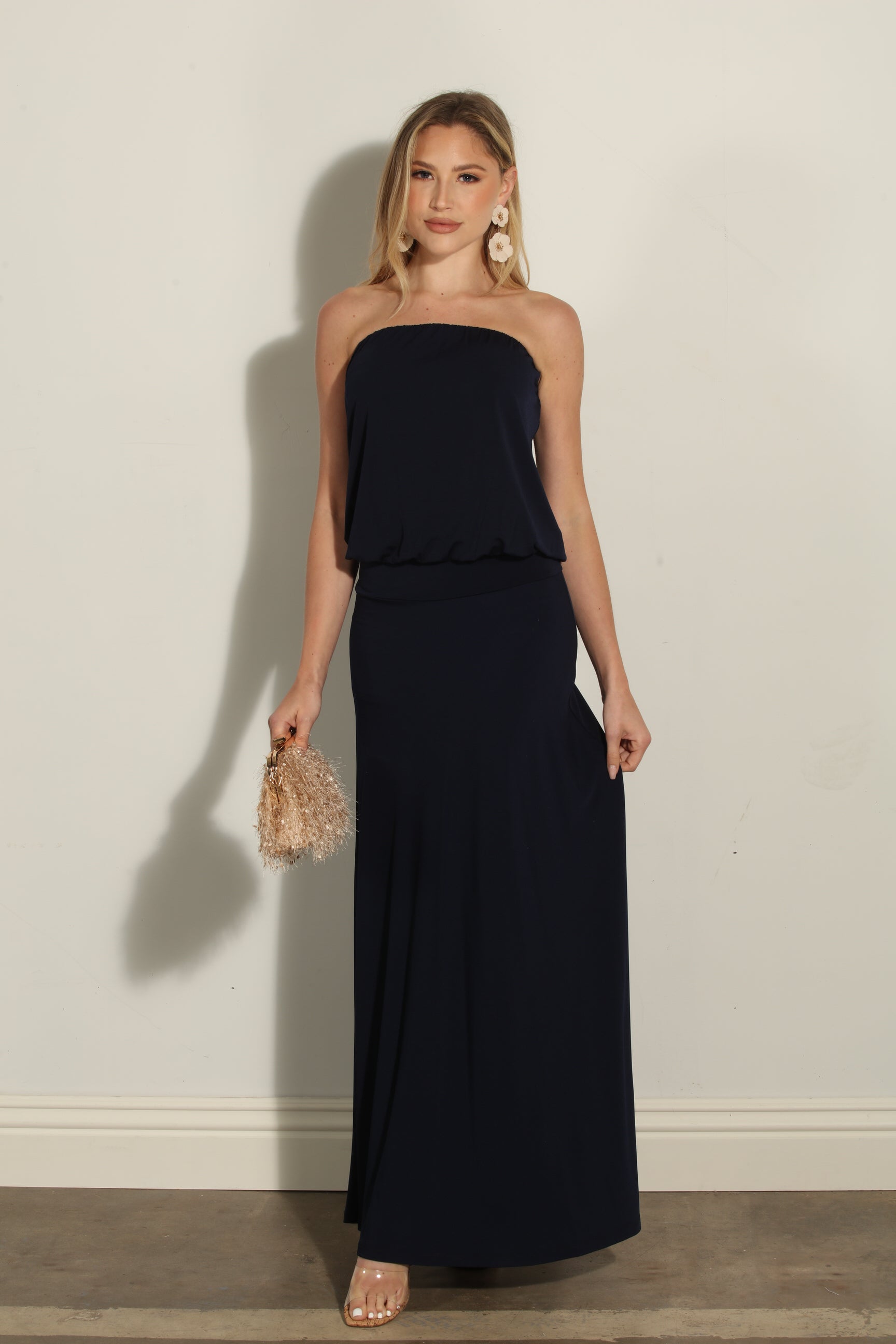 Navy Stretch Strapless Dropwaist Maxi Dress-BEST SELLER