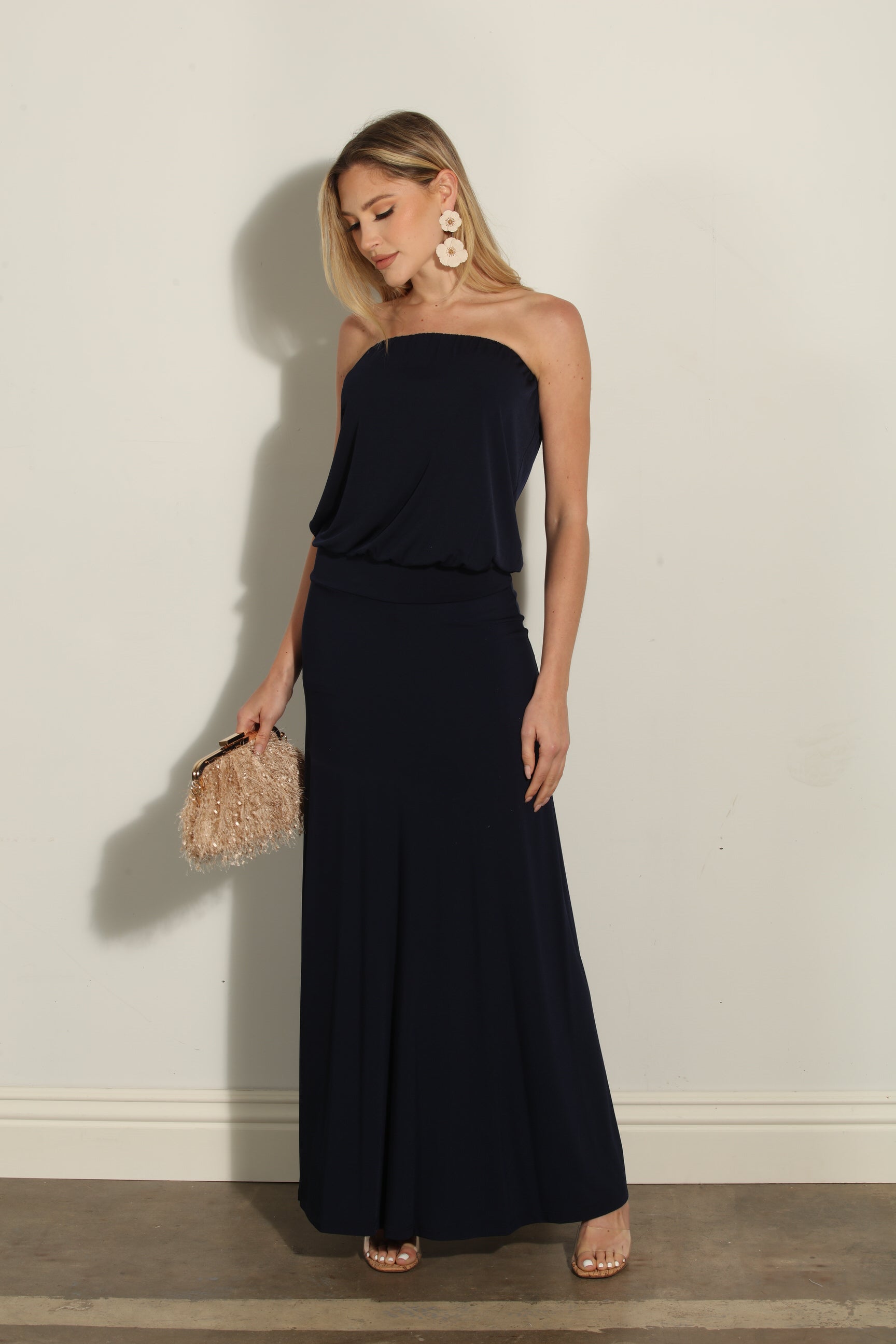 Navy Stretch Strapless Dropwaist Maxi Dress-BEST SELLER