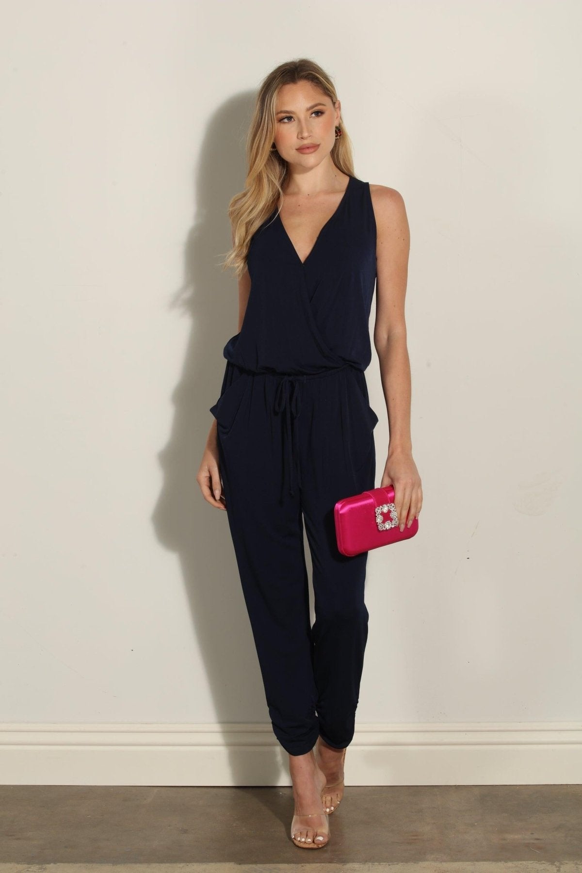 Navy Shirred Ankle Stretch Jumpsuit-BEST SELLER