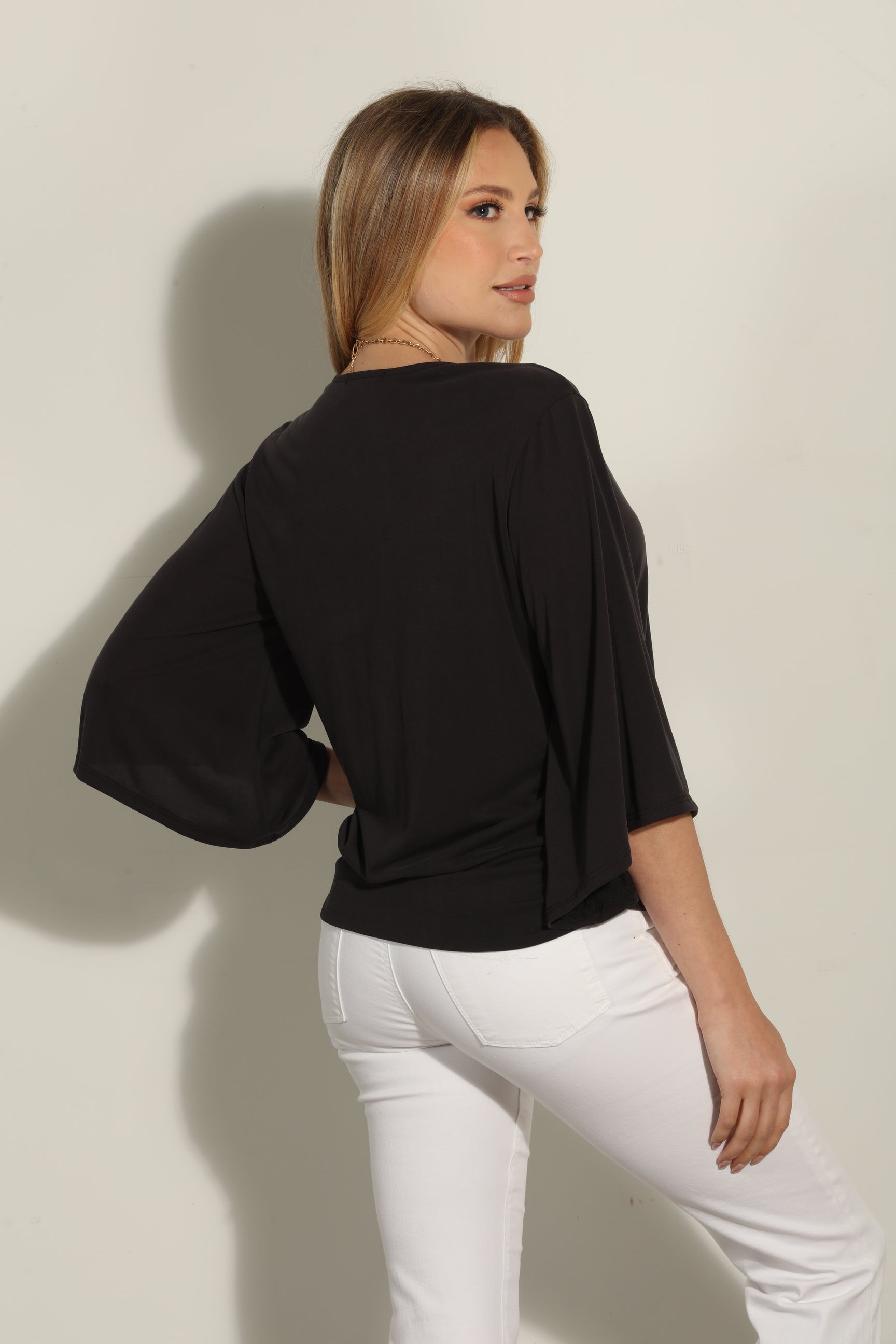 Black Cupro Stretch Banded Kimono Top