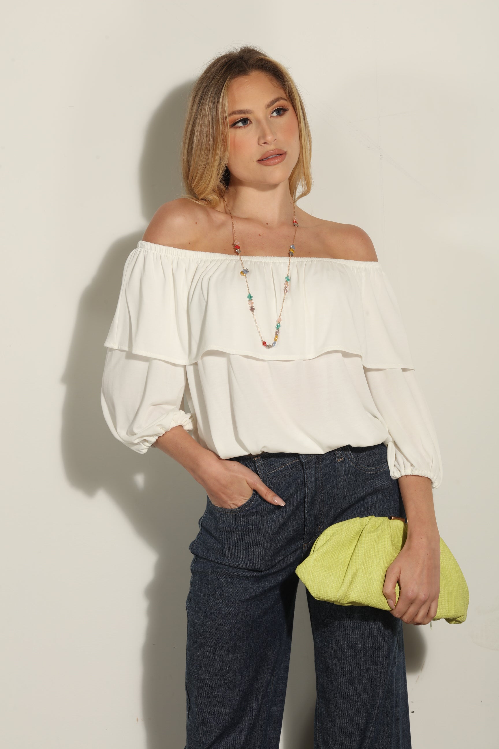 Ivory Cupro OTS Ruffle Top-BEST SELLER