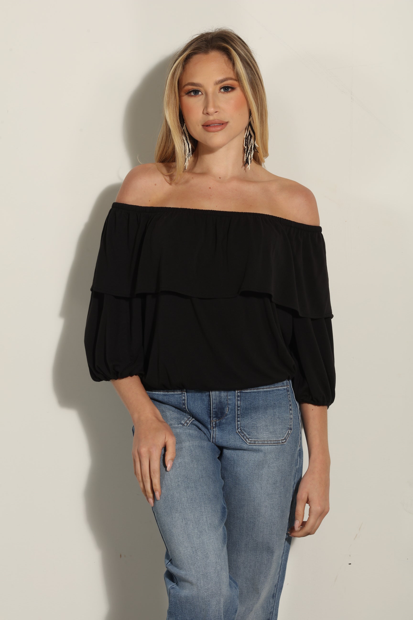 Black Cupro OTS Ruffle Top-BEST SELLER