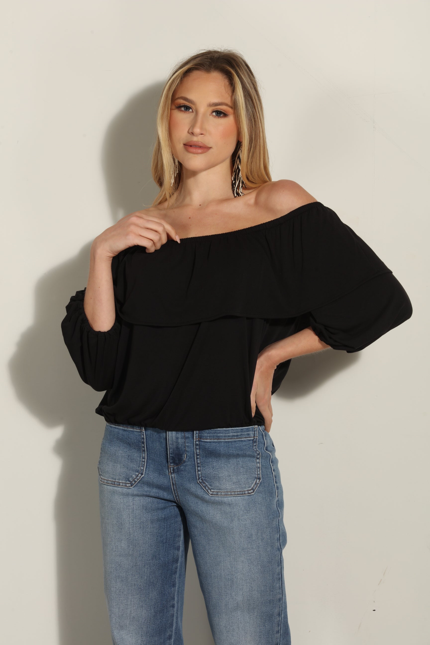 Black Cupro OTS Ruffle Top-BEST SELLER