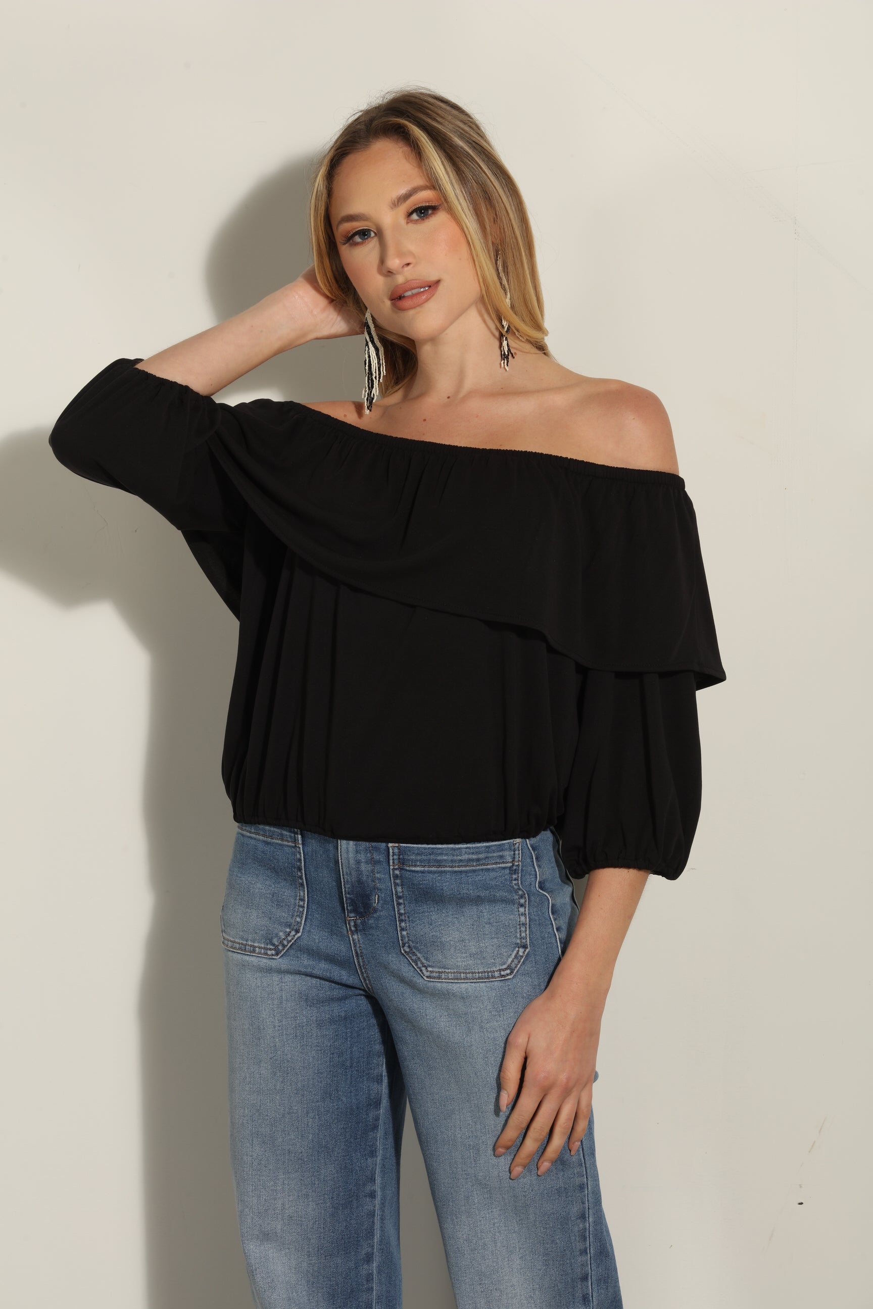Black Cupro OTS Ruffle Top-BEST SELLER