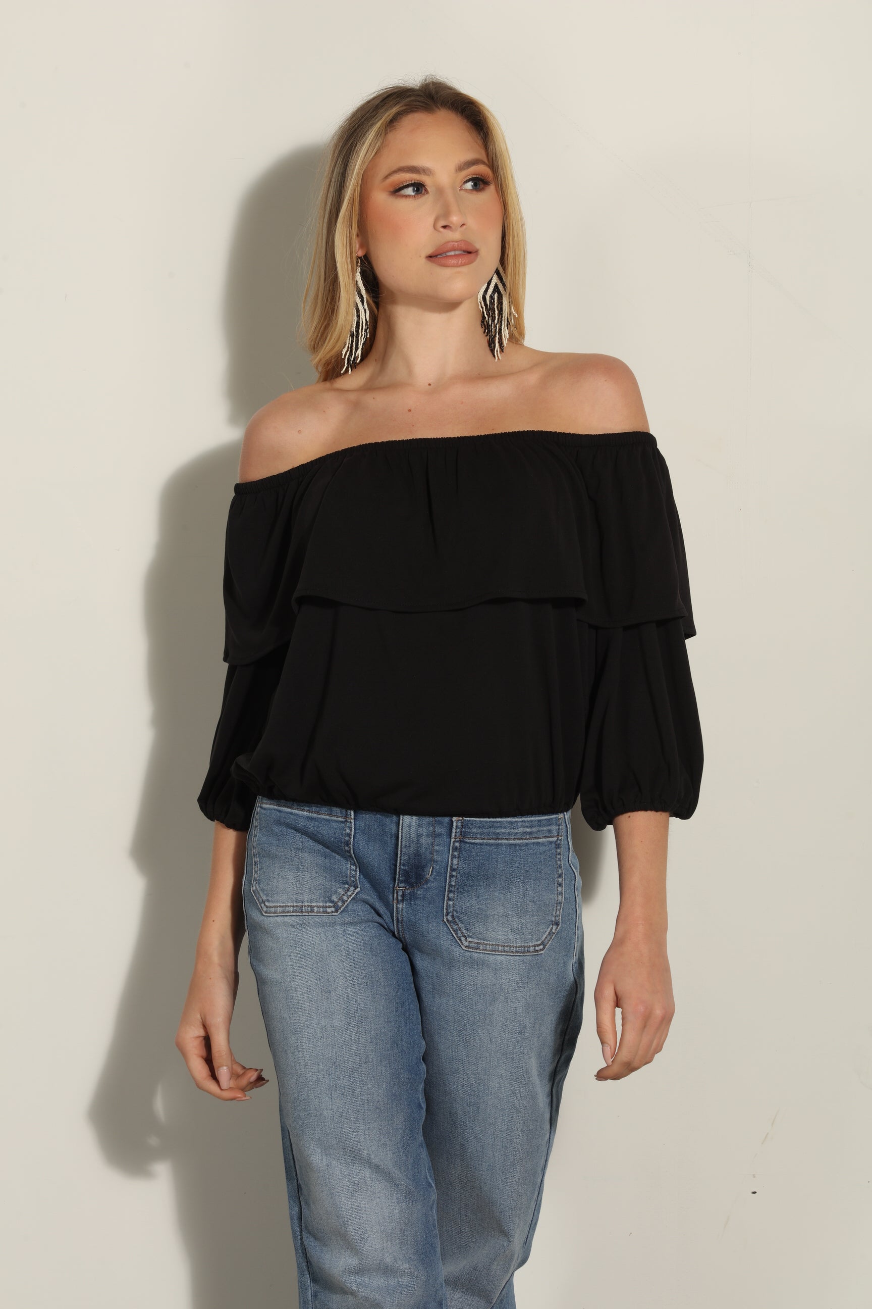Black Cupro OTS Ruffle Top-BEST SELLER