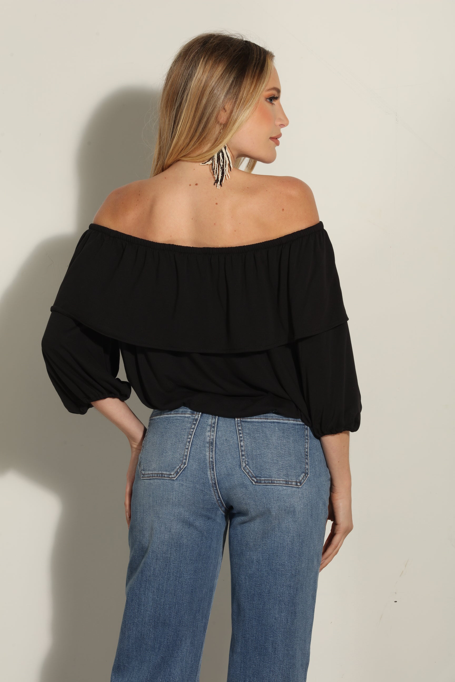 Black Cupro OTS Ruffle Top-BEST SELLER