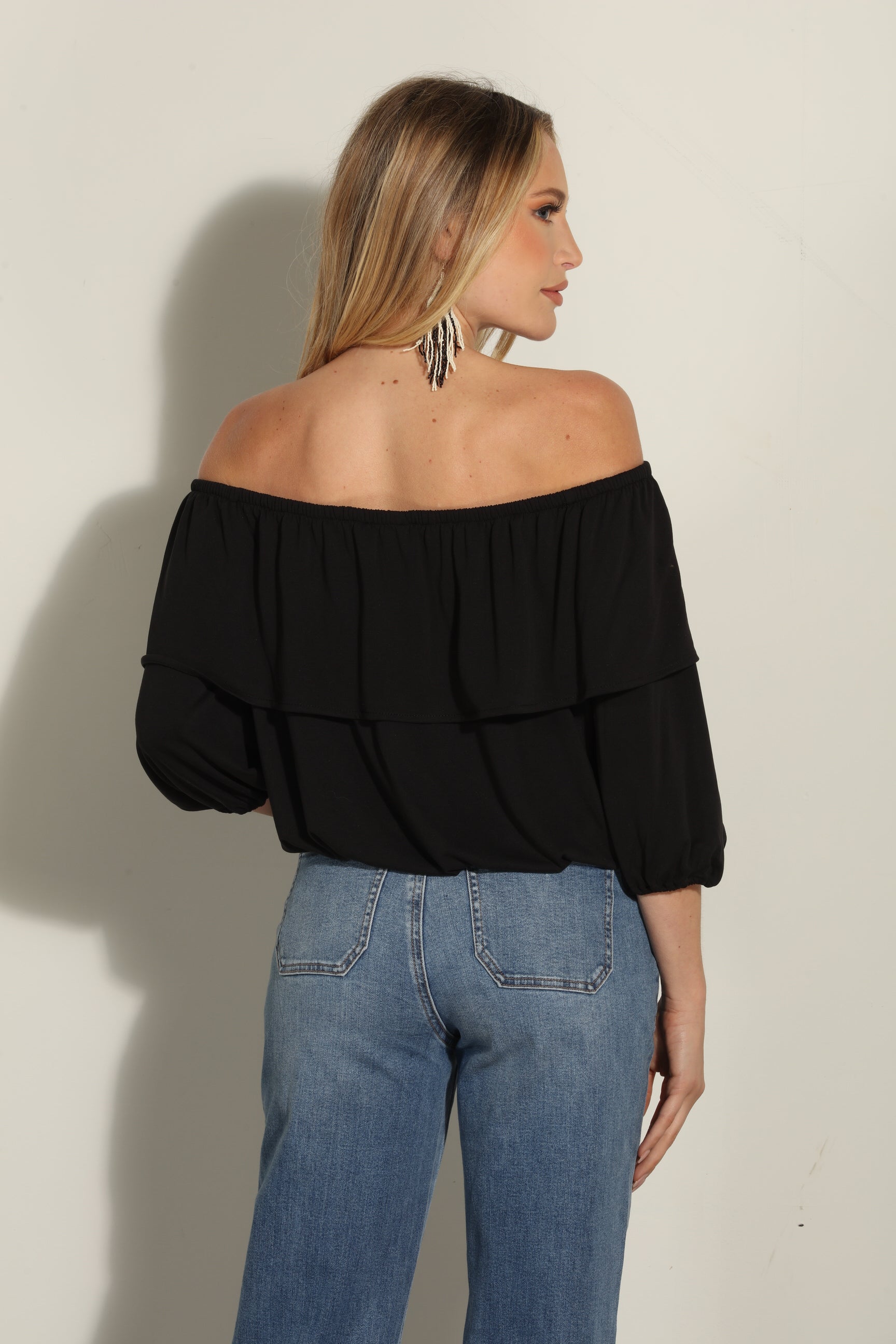 Black Cupro OTS Ruffle Top-BEST SELLER