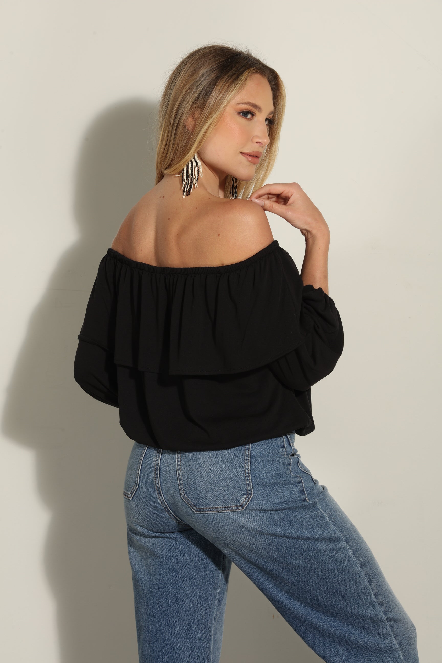 Black Cupro OTS Ruffle Top-FINAL SALE