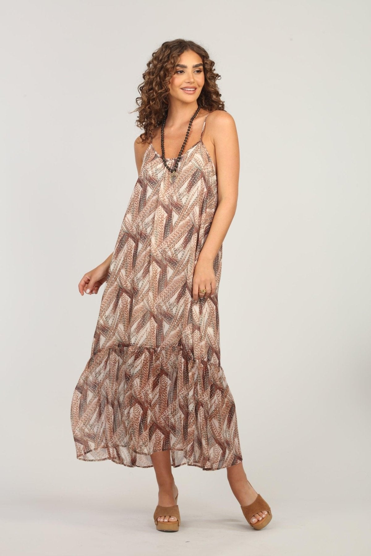 sleeveless multicolored maxi dress on woman