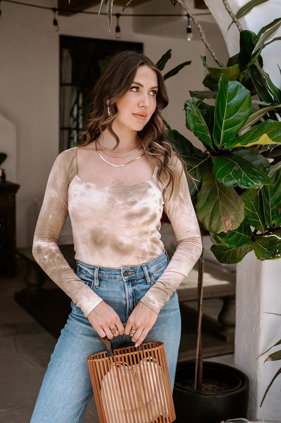 Sand Tie Dye Long Sleeve Square-Neck Top-FINAL SALE