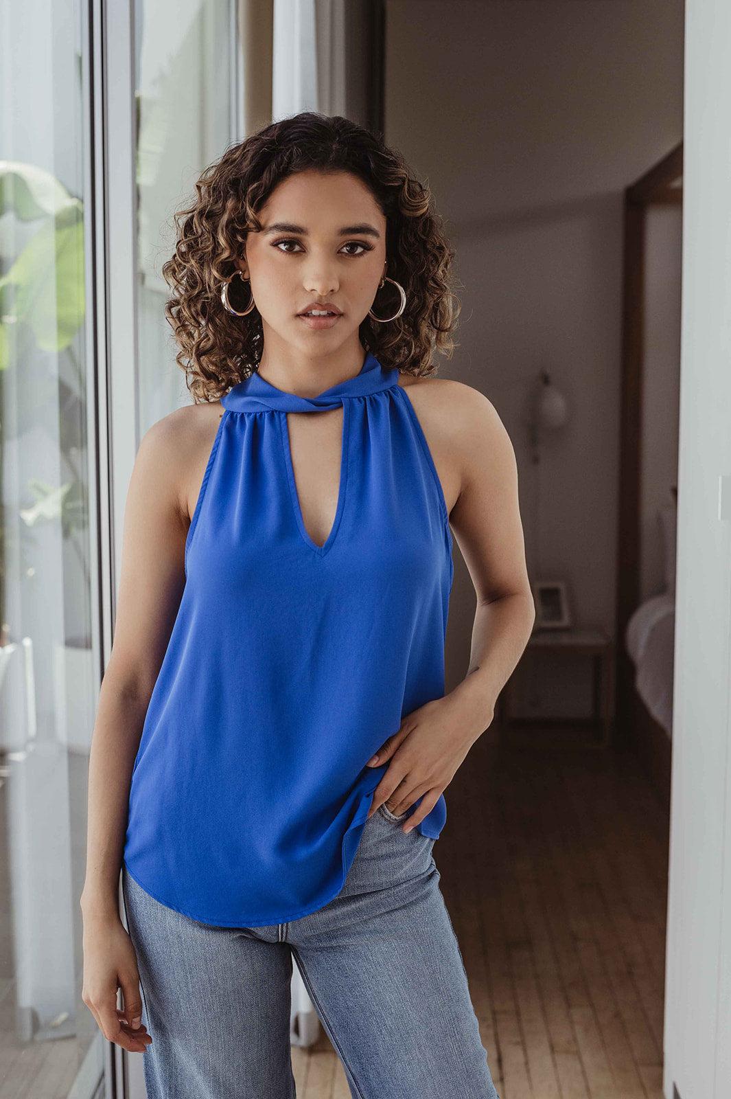 Pop Blue Twist Halter Sleeveless Blouse-FINAL SALE