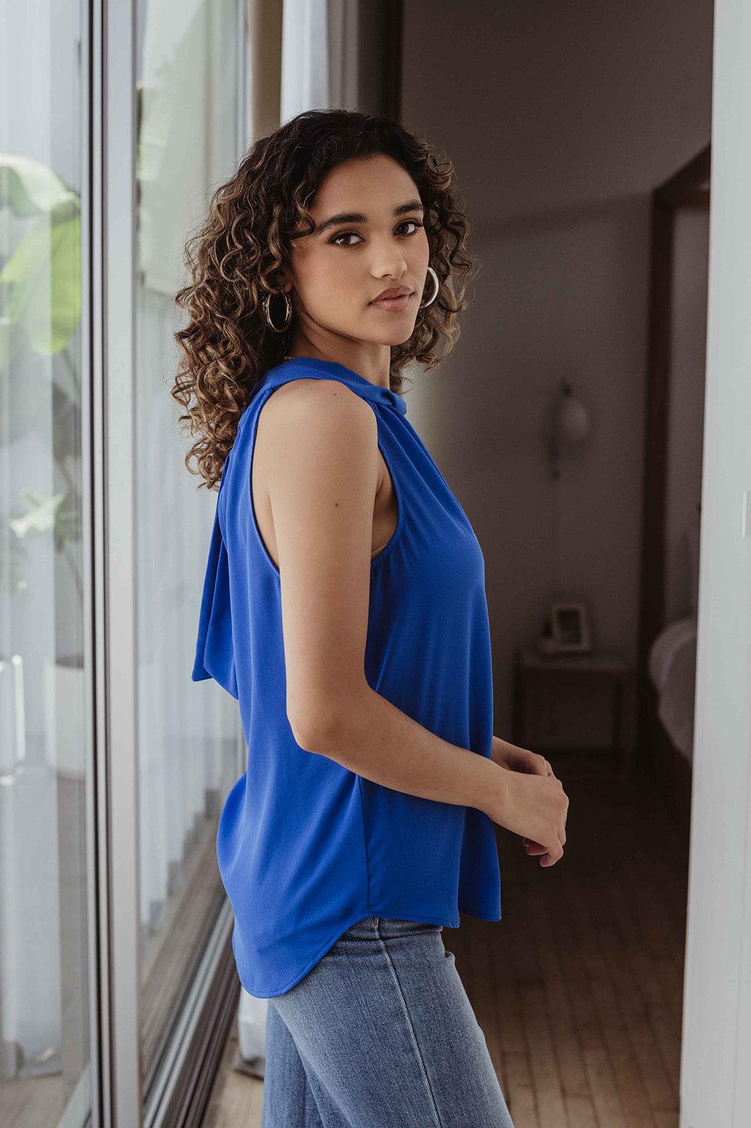 Pop Blue Twist Halter Sleeveless Blouse-FINAL SALE