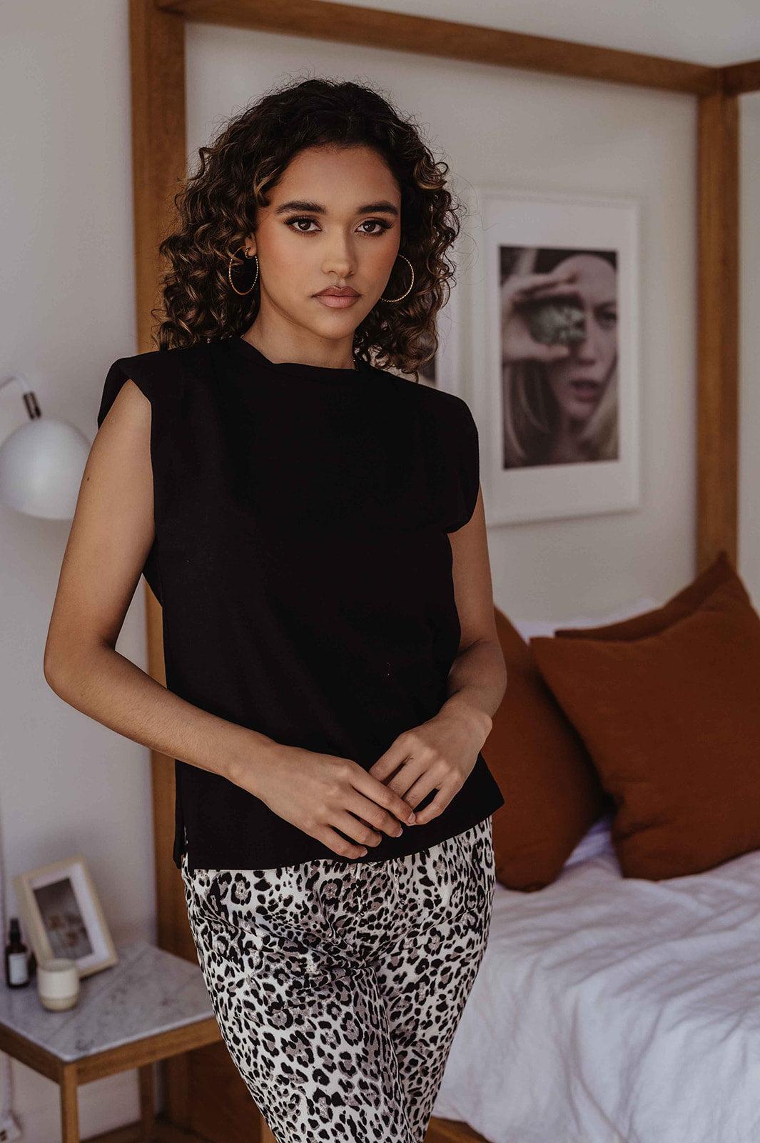 Black Cotton Tshirt with Shoulder Pads-FINAL SALE