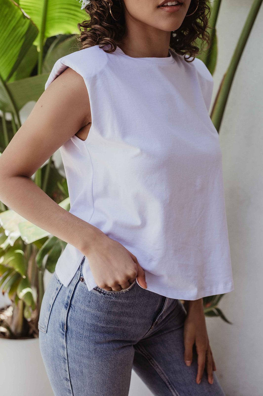 White Cotton Tshirt with Shoulder Pads - FINAL SALE