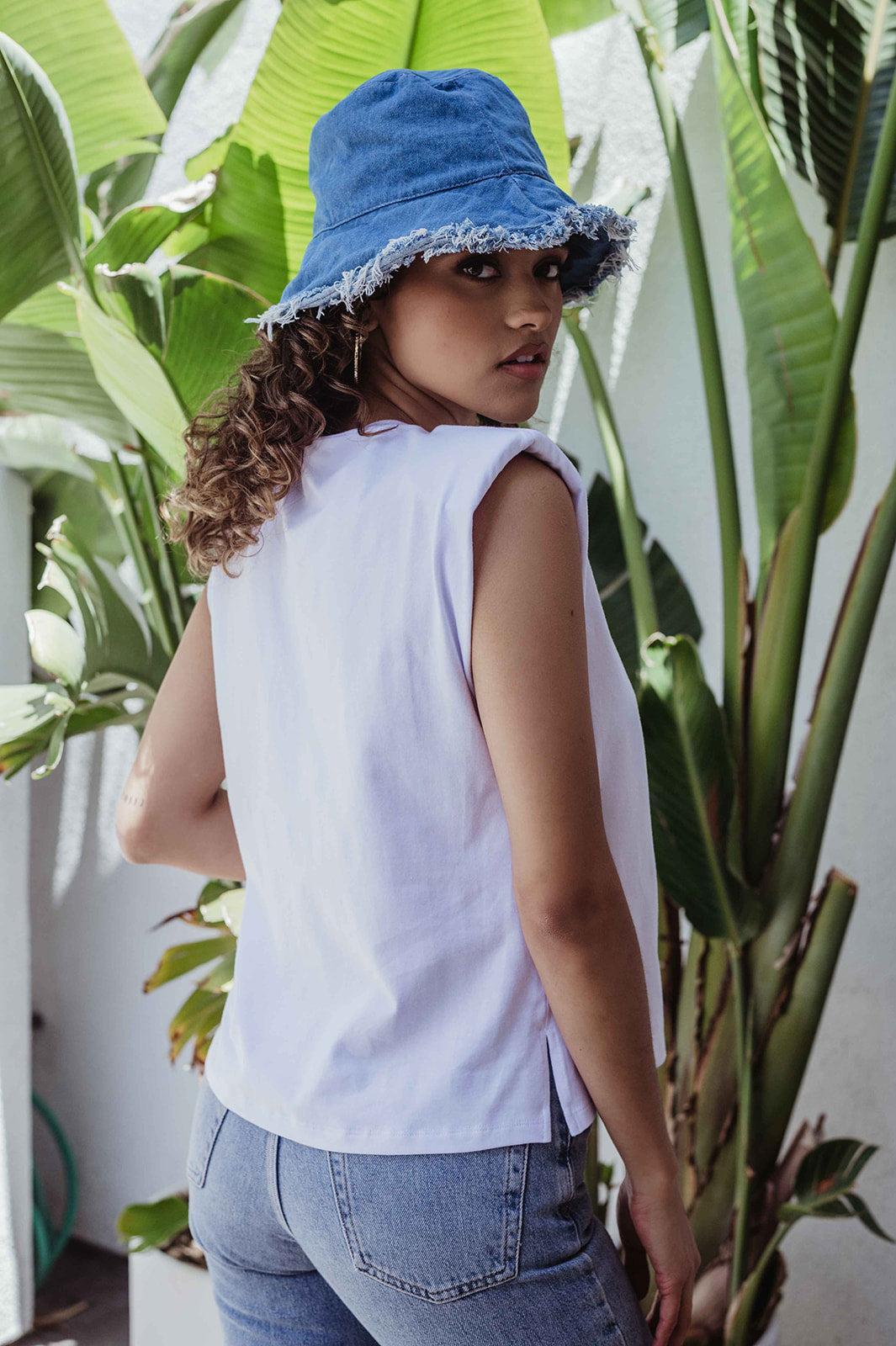 White Cotton Tshirt with Shoulder Pads - FINAL SALE