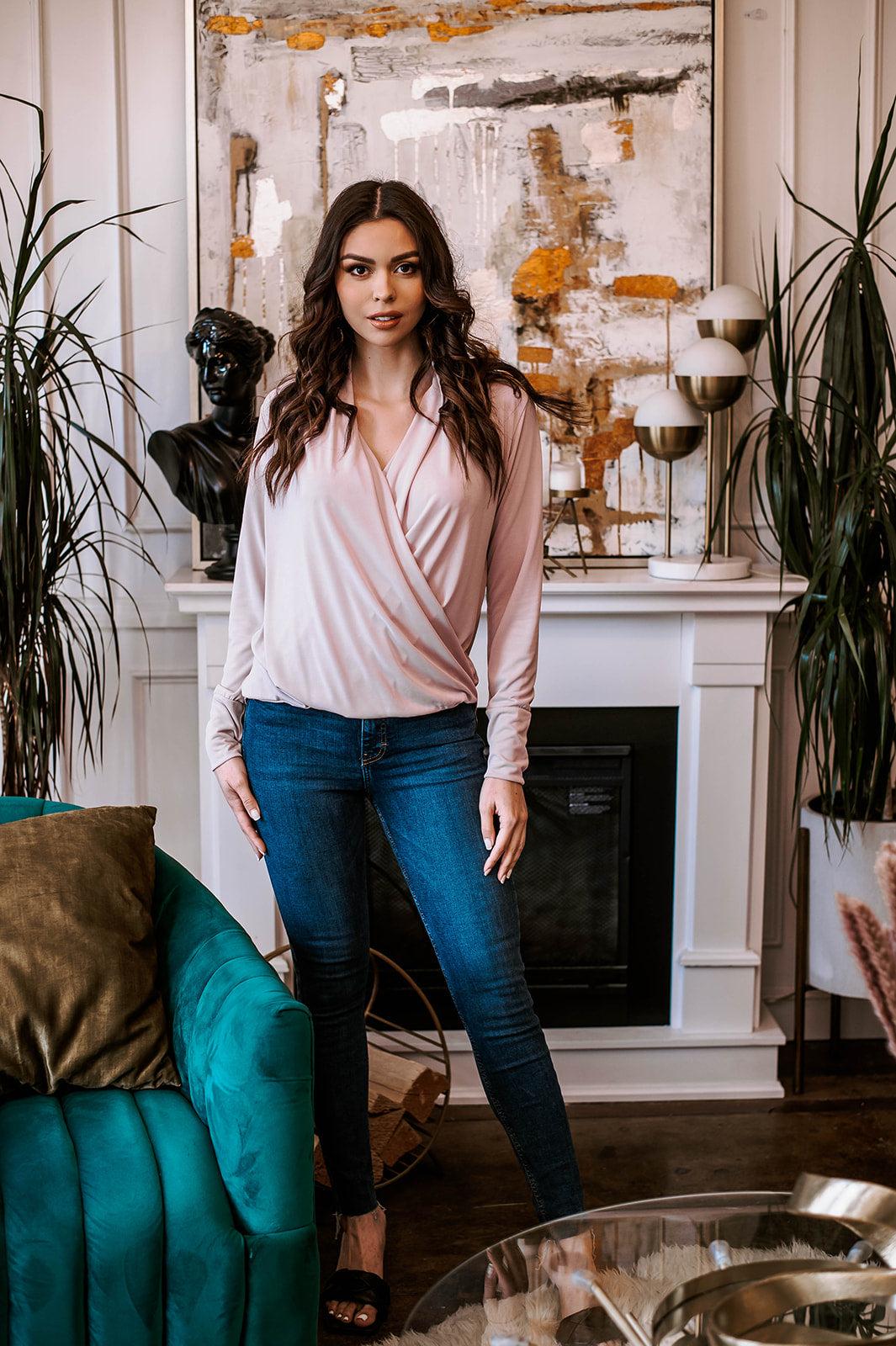 Dusty Pink Draped Surplice Top-BEST SELLER