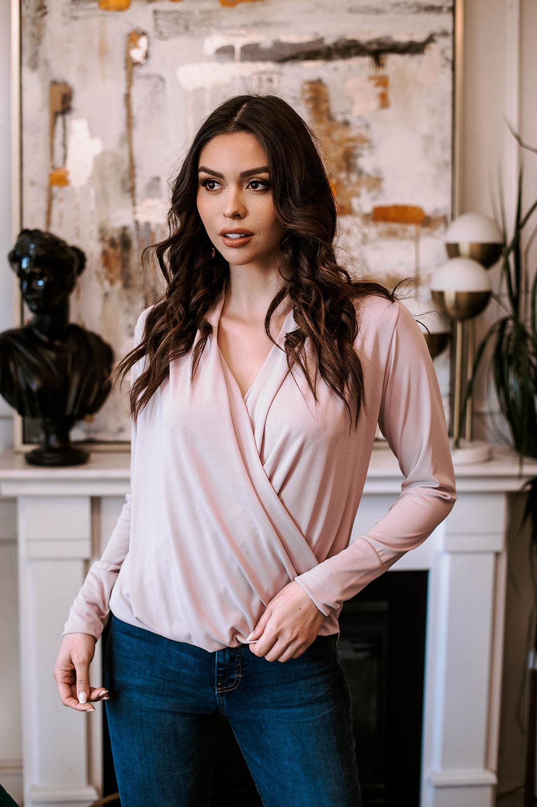 Dusty Pink Draped Surplice Top-BEST SELLER