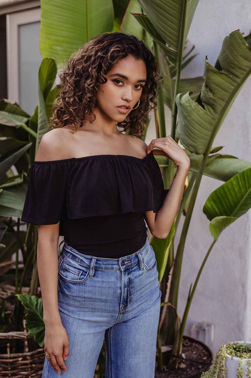 Black Stretch OTS Ruffle Bodysuit