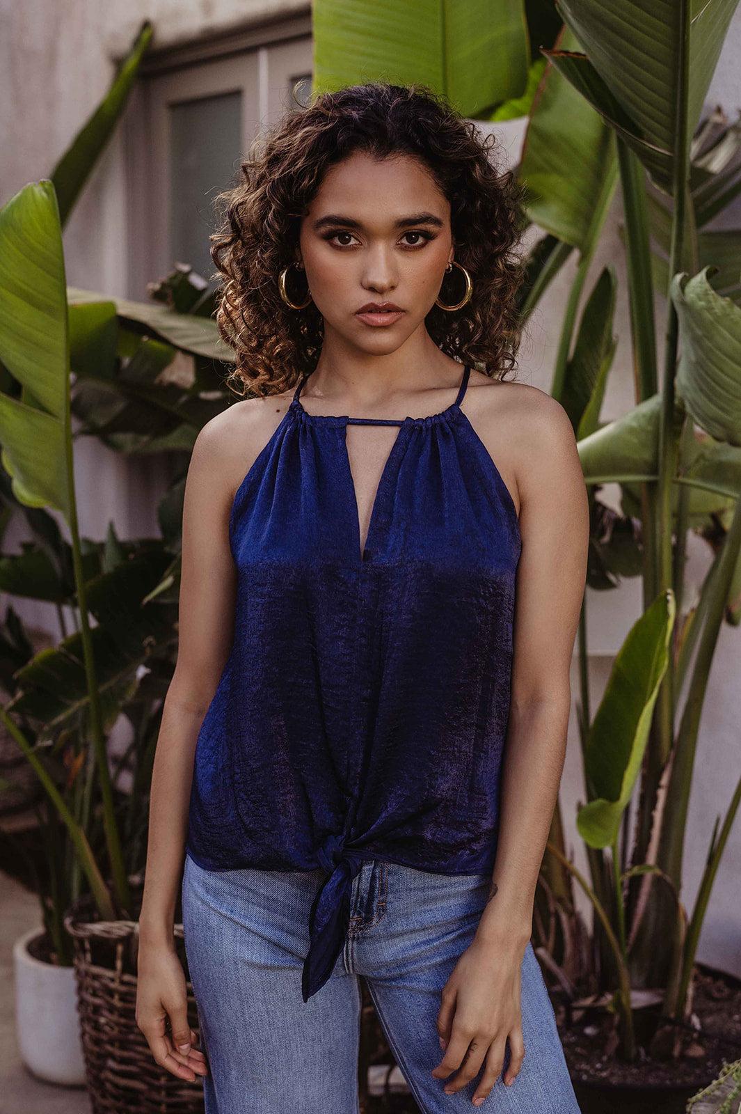 Navy Satin Front Tie Halter Blouse - FINAL SALE