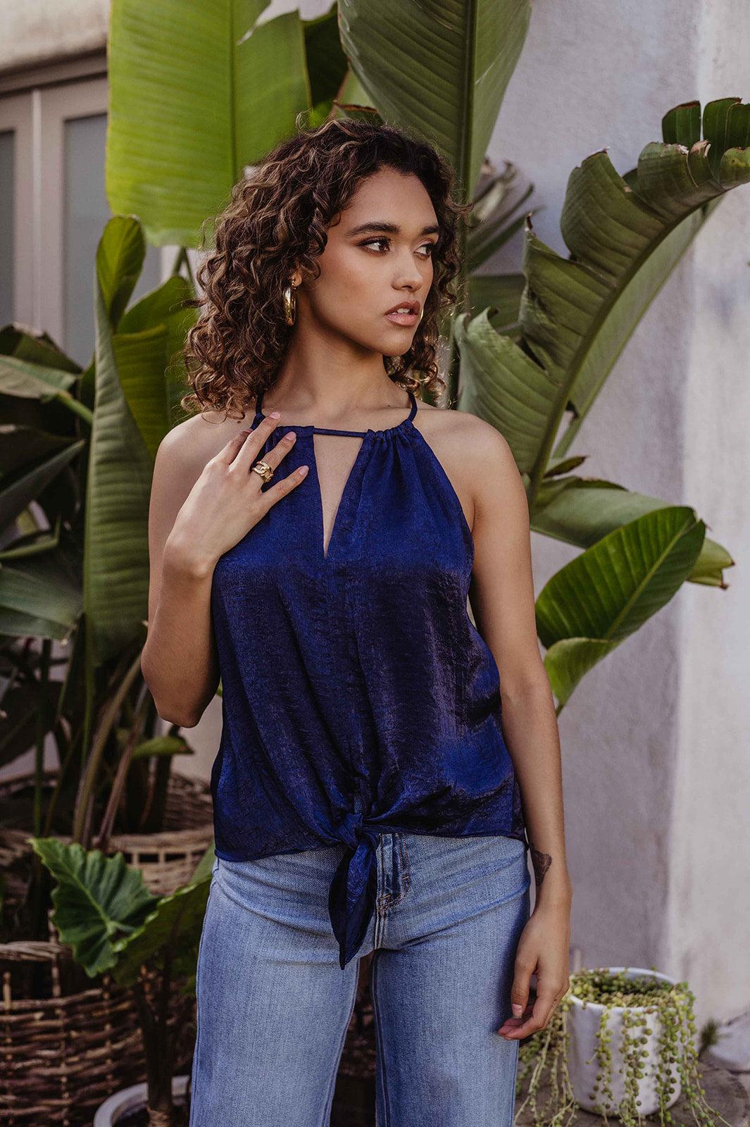 Navy Satin Front Tie Halter Blouse - FINAL SALE