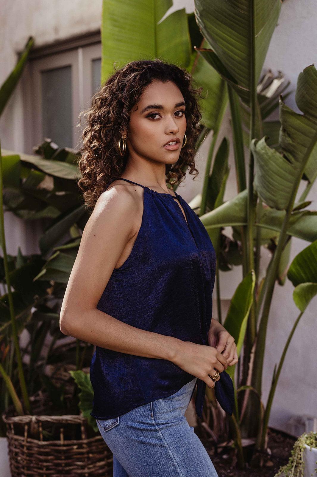 Navy Satin Front Tie Halter Blouse - FINAL SALE